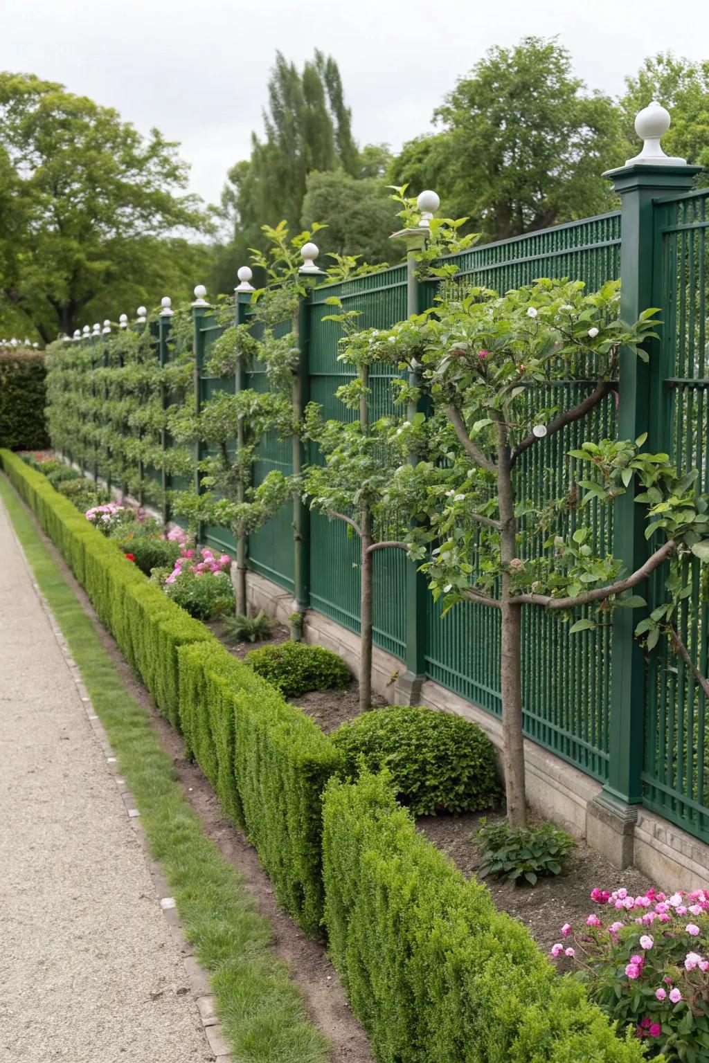 Espaliered fruit trees offer privacy and produce.