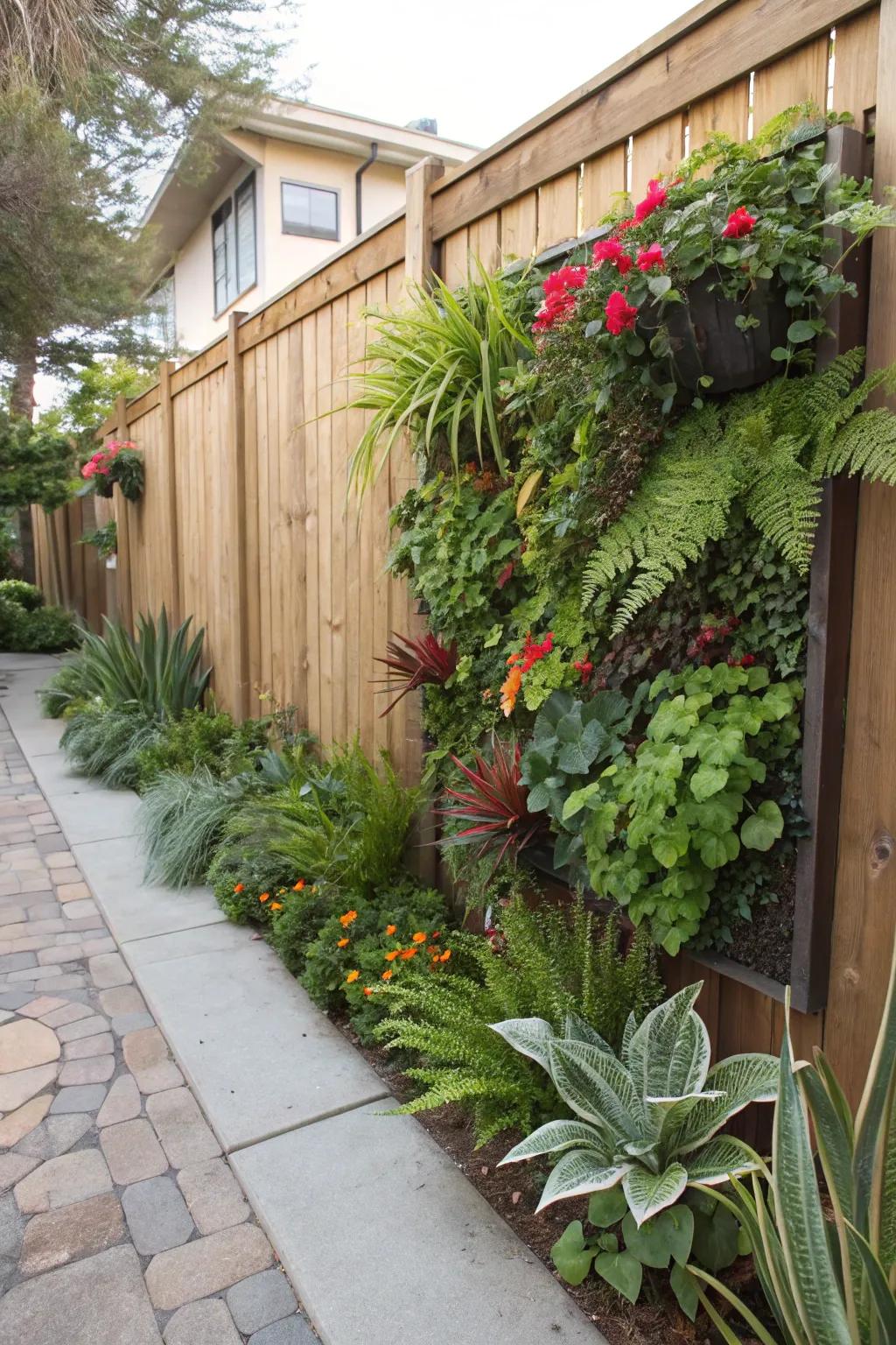 A vibrant vertical garden transforms a plain fence.
