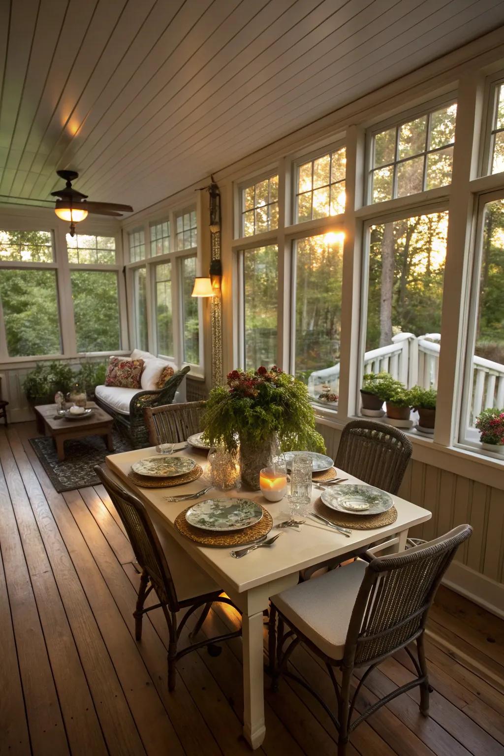 A dining area in an enclosed porch for cozy meals.