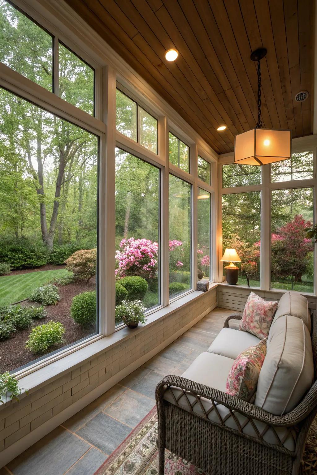 Energy-efficient windows keep an enclosed porch comfortable all year.