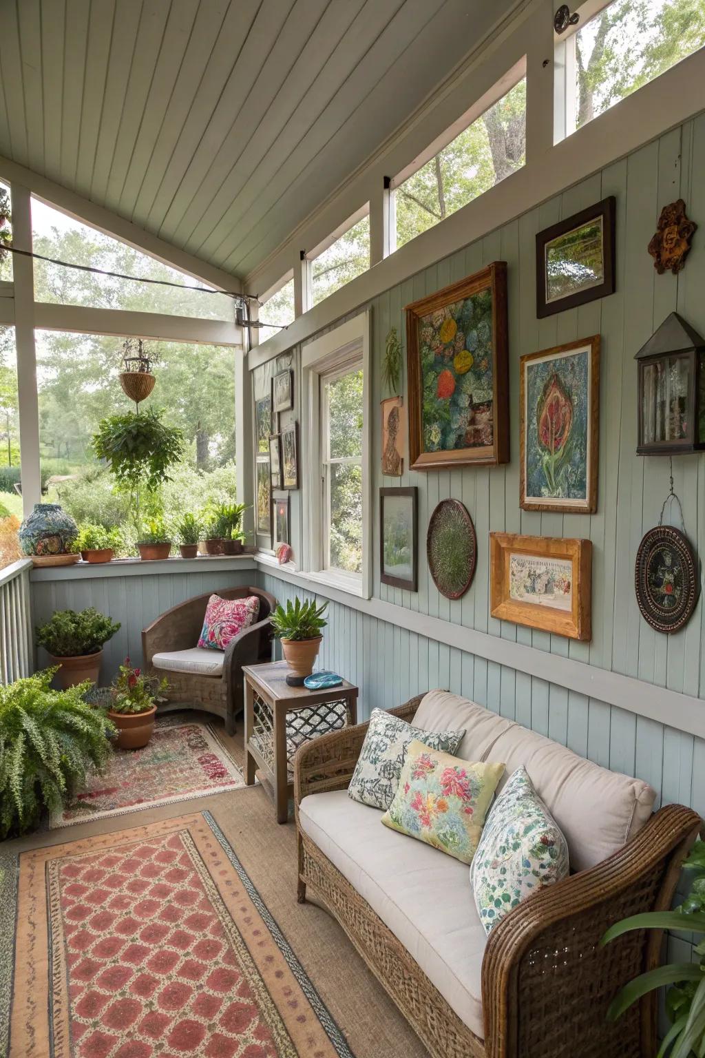 Unique art pieces add character and style to an enclosed porch.