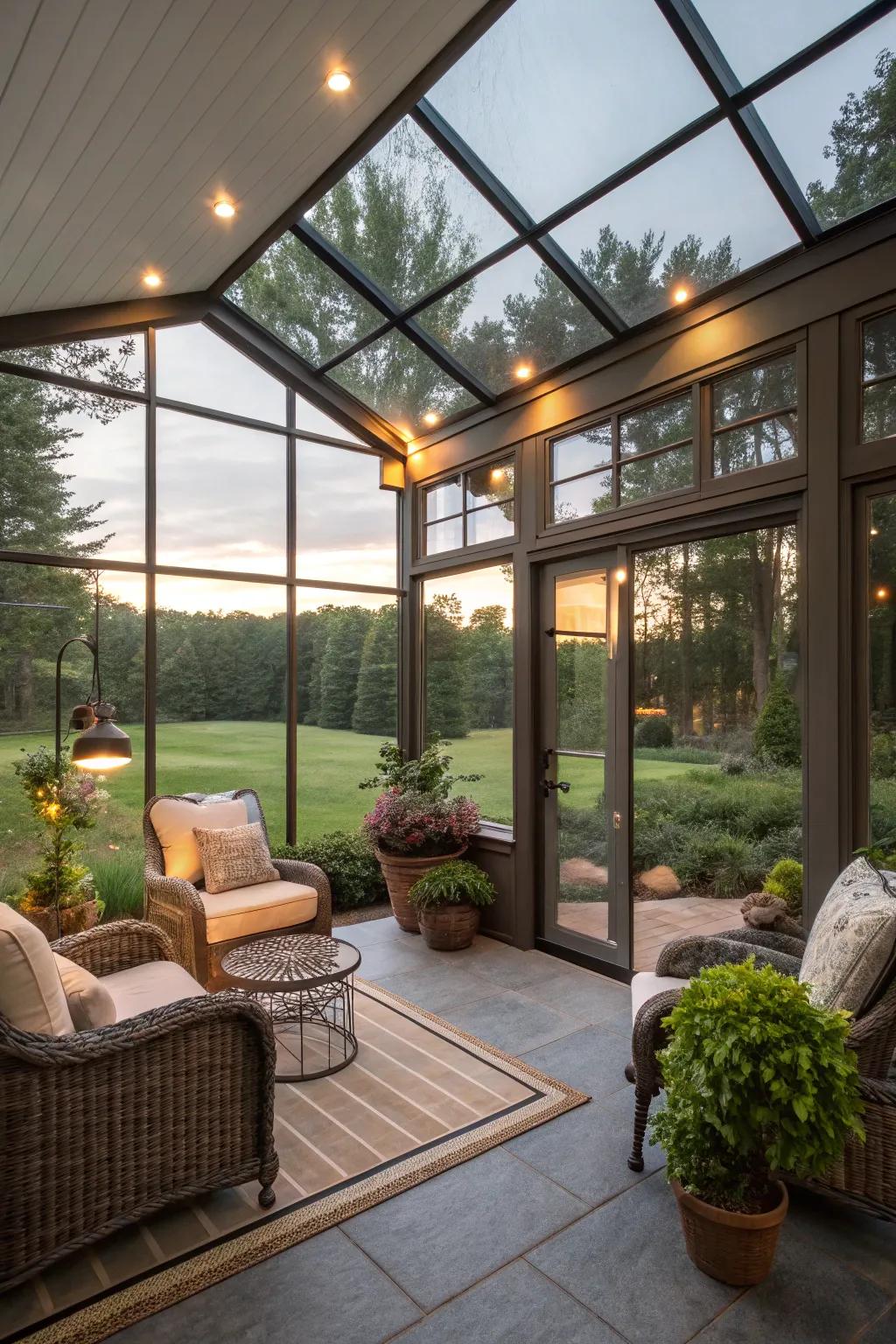 Glass walls offer stunning views and a seamless indoor-outdoor connection.