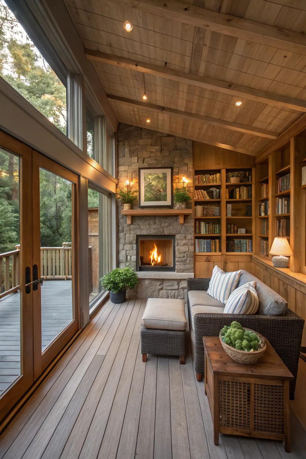 A built-in fireplace brings warmth and charm to an enclosed porch.