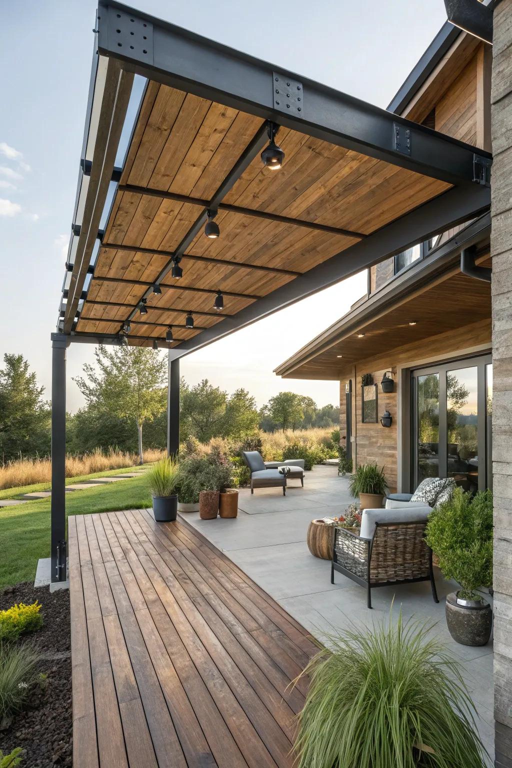 Blend rustic charm with durability using a wood and metal awning.