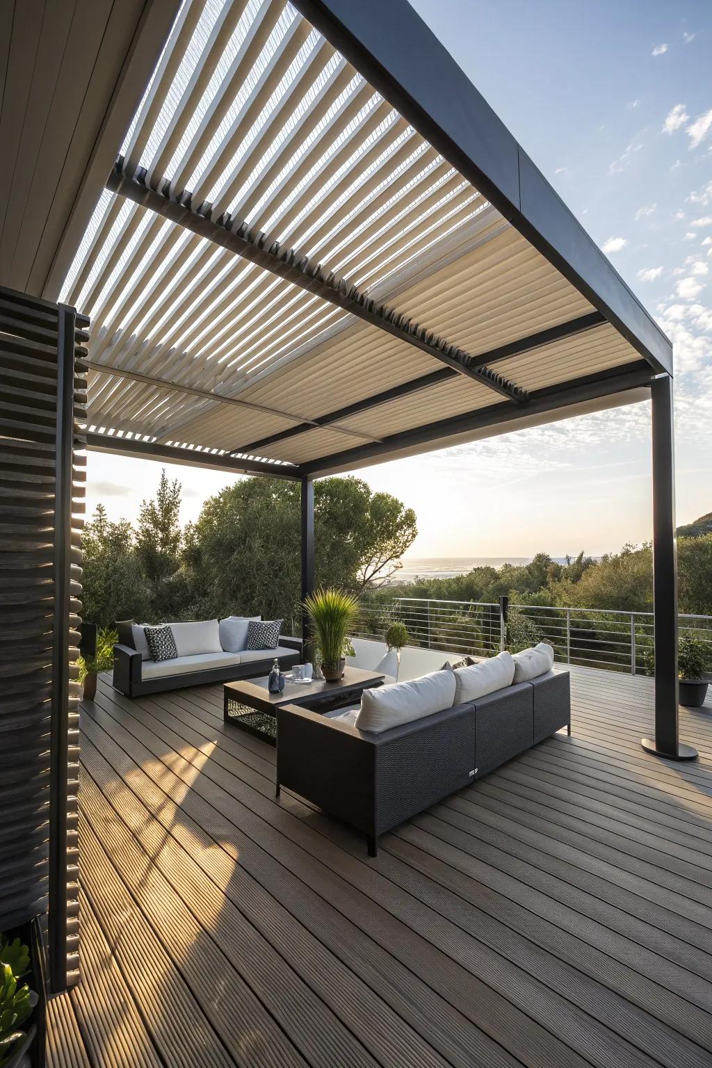 Enjoy adaptable shade with a stylish louvered roof.