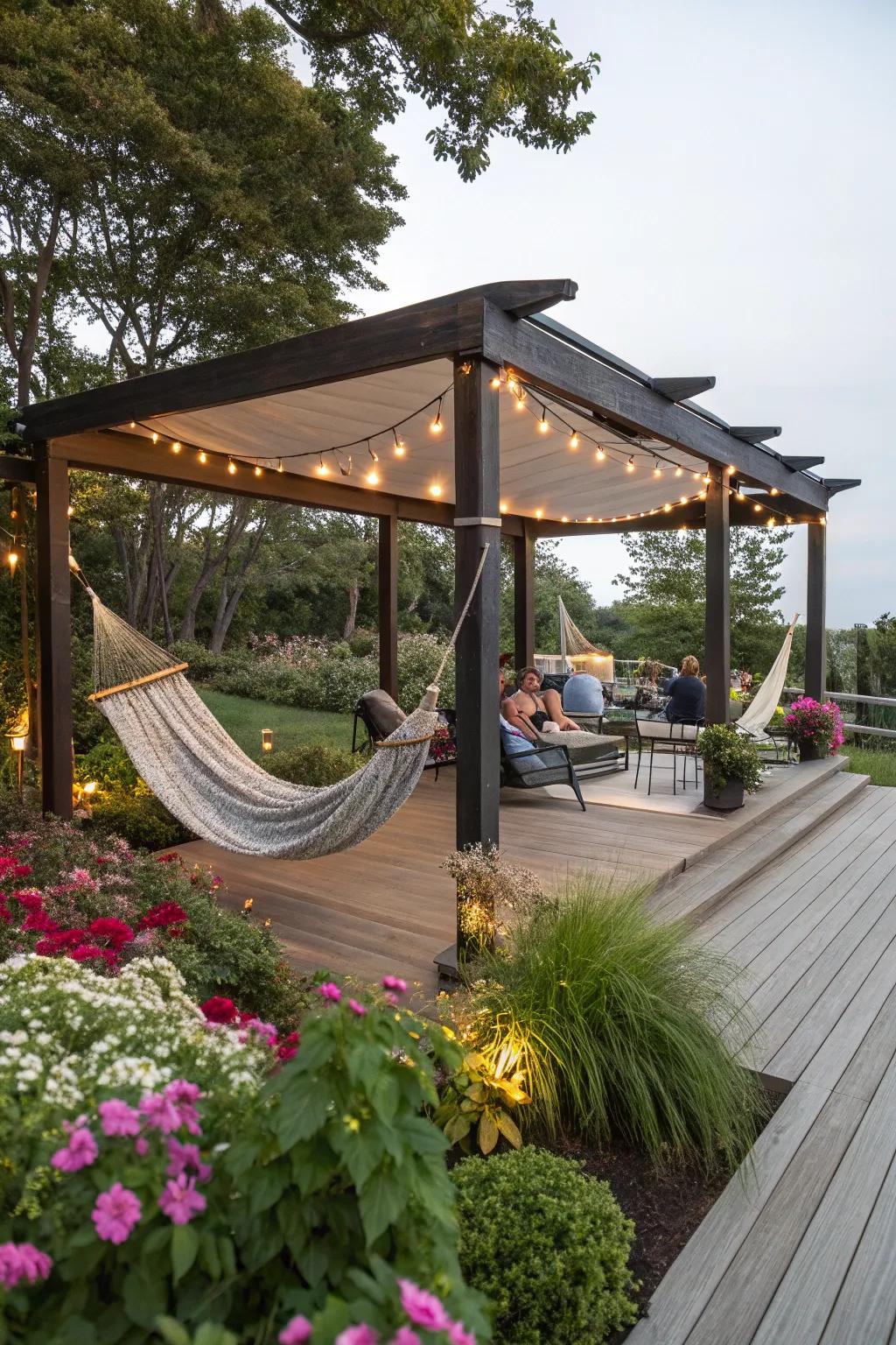 Create a relaxing retreat with a free-standing shade structure and hammocks.