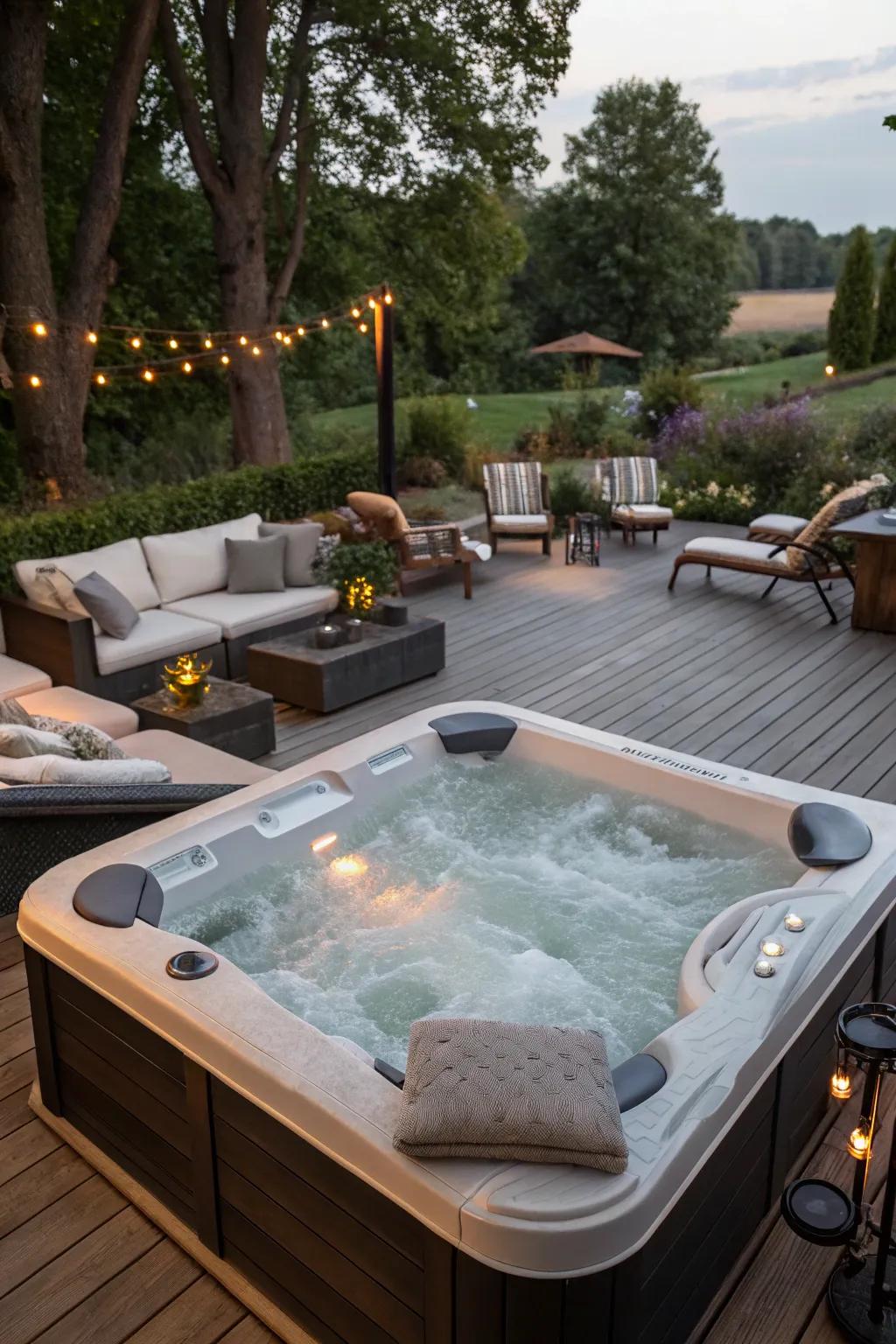 Comfortable seating around the hot tub makes for a perfect relaxation spot.