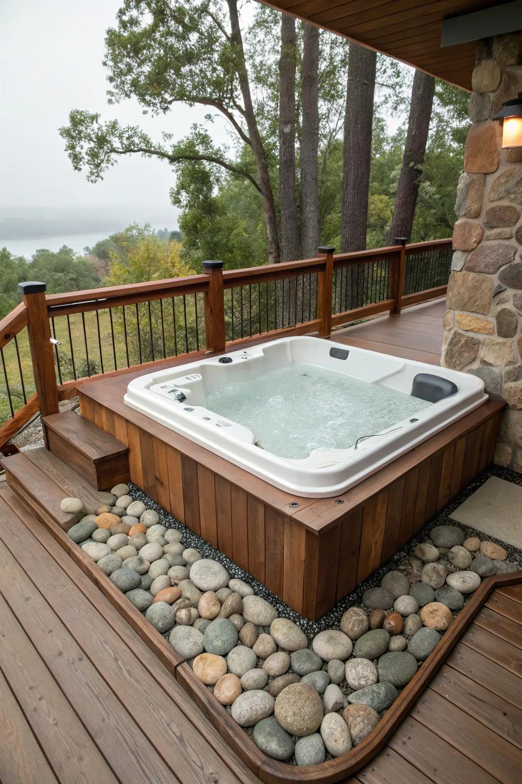 Blend wood and stone for a sophisticated deck design.