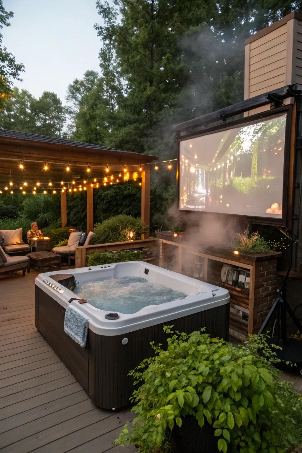 An outdoor TV adds entertainment to your hot tub area.