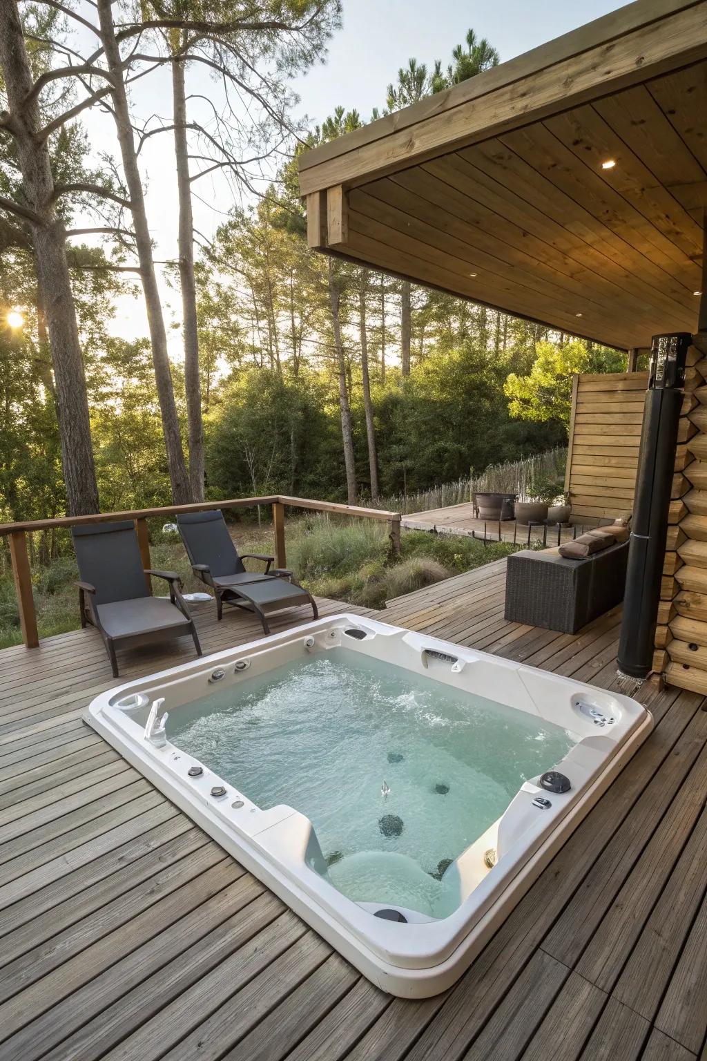 A sunken hot tub blends seamlessly with the deck.