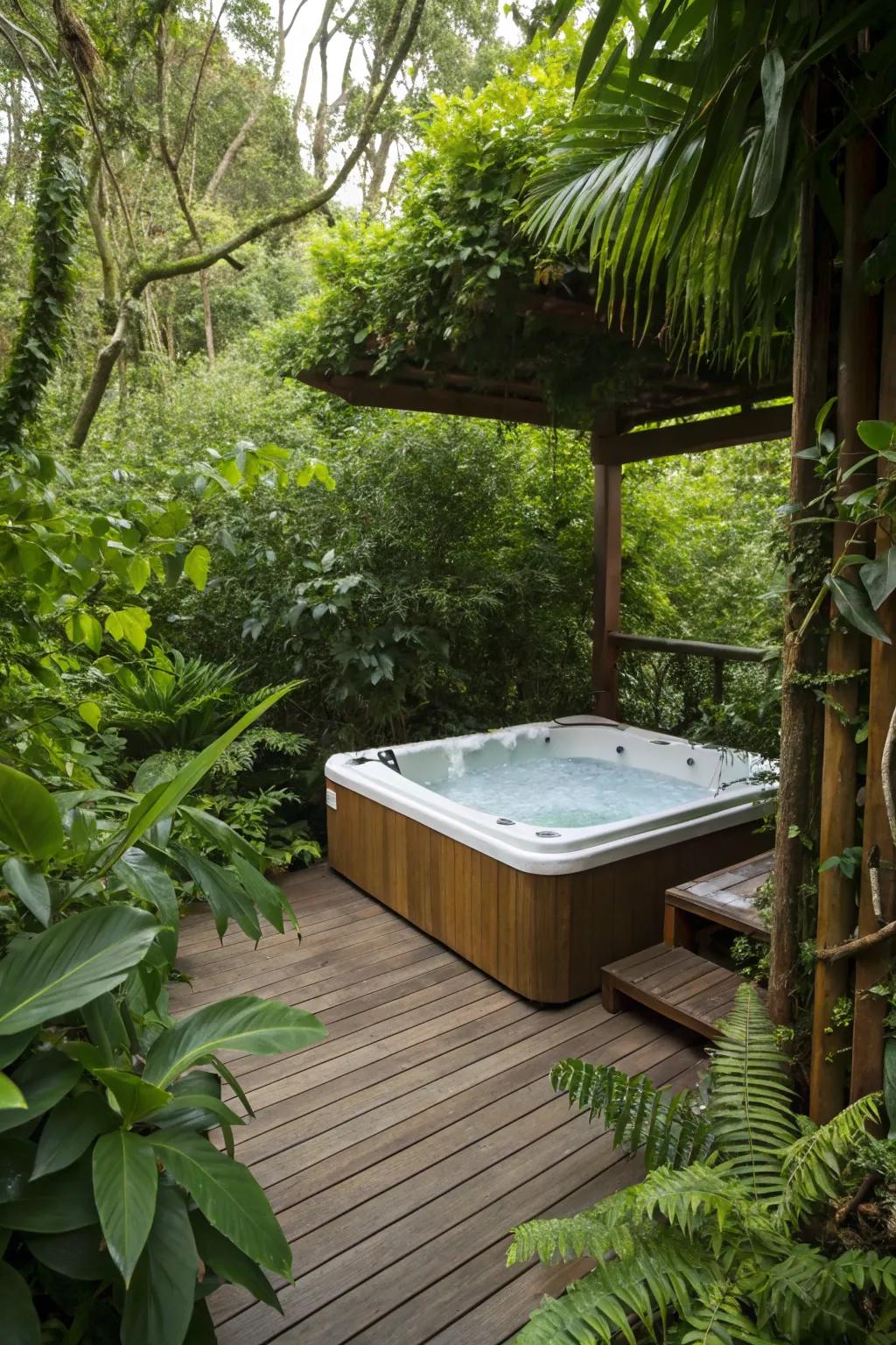 A hot tub surrounded by lush greenery for a natural oasis feel.