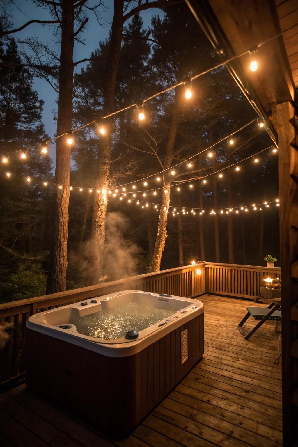Twinkling lights add a magical touch to nighttime soaks.