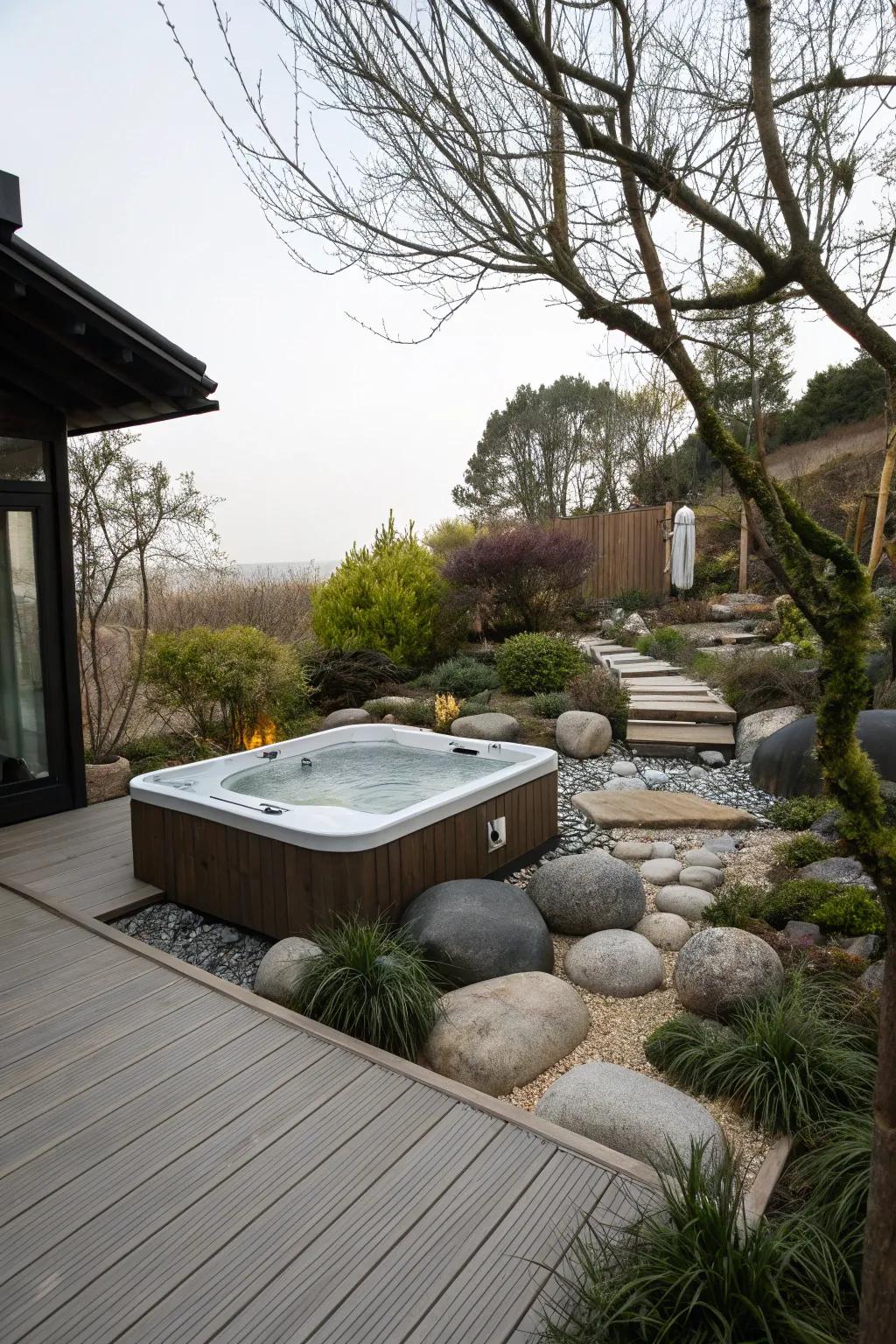 A Zen garden adds tranquility to your hot tub area.