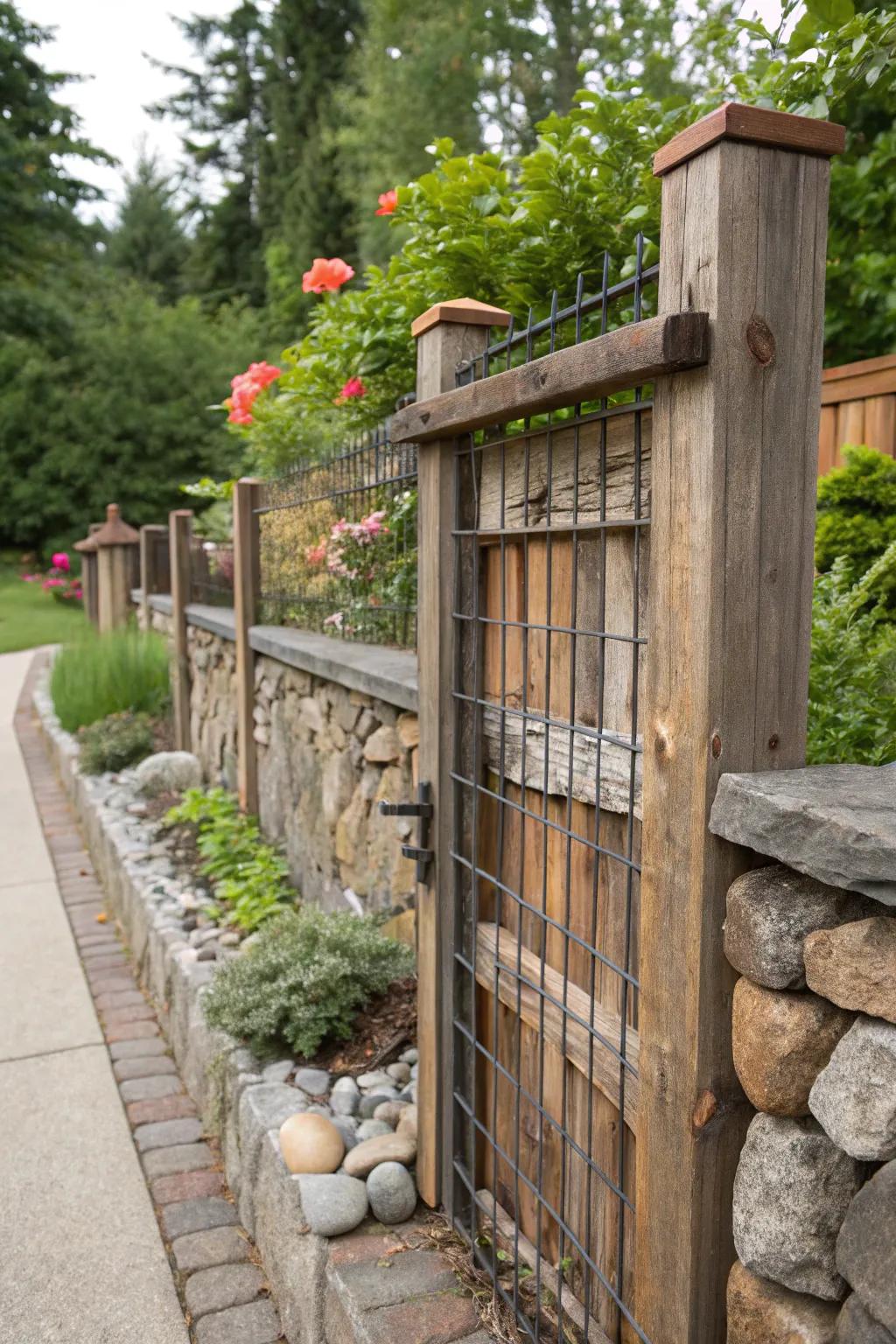 Mixed materials create a unique and engaging fence design.