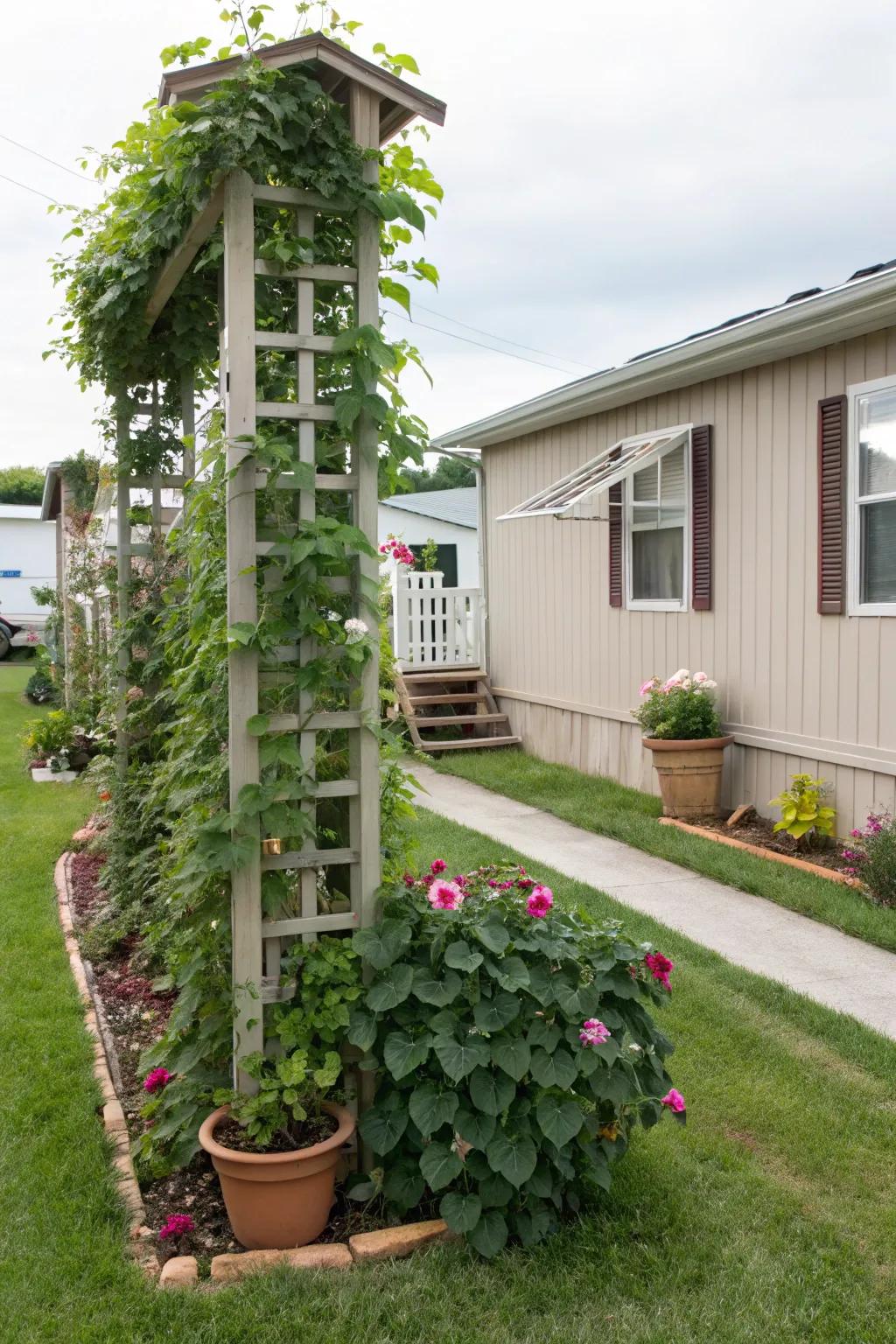 A trellis providing vertical interest and privacy.