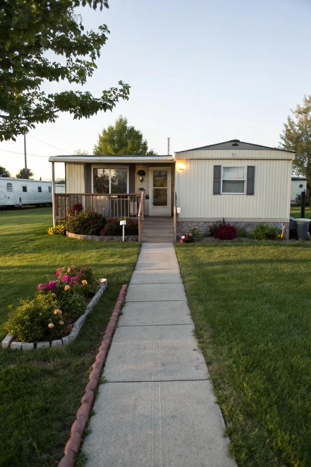 A neatly paved walkway guiding guests to the mobile home entrance.