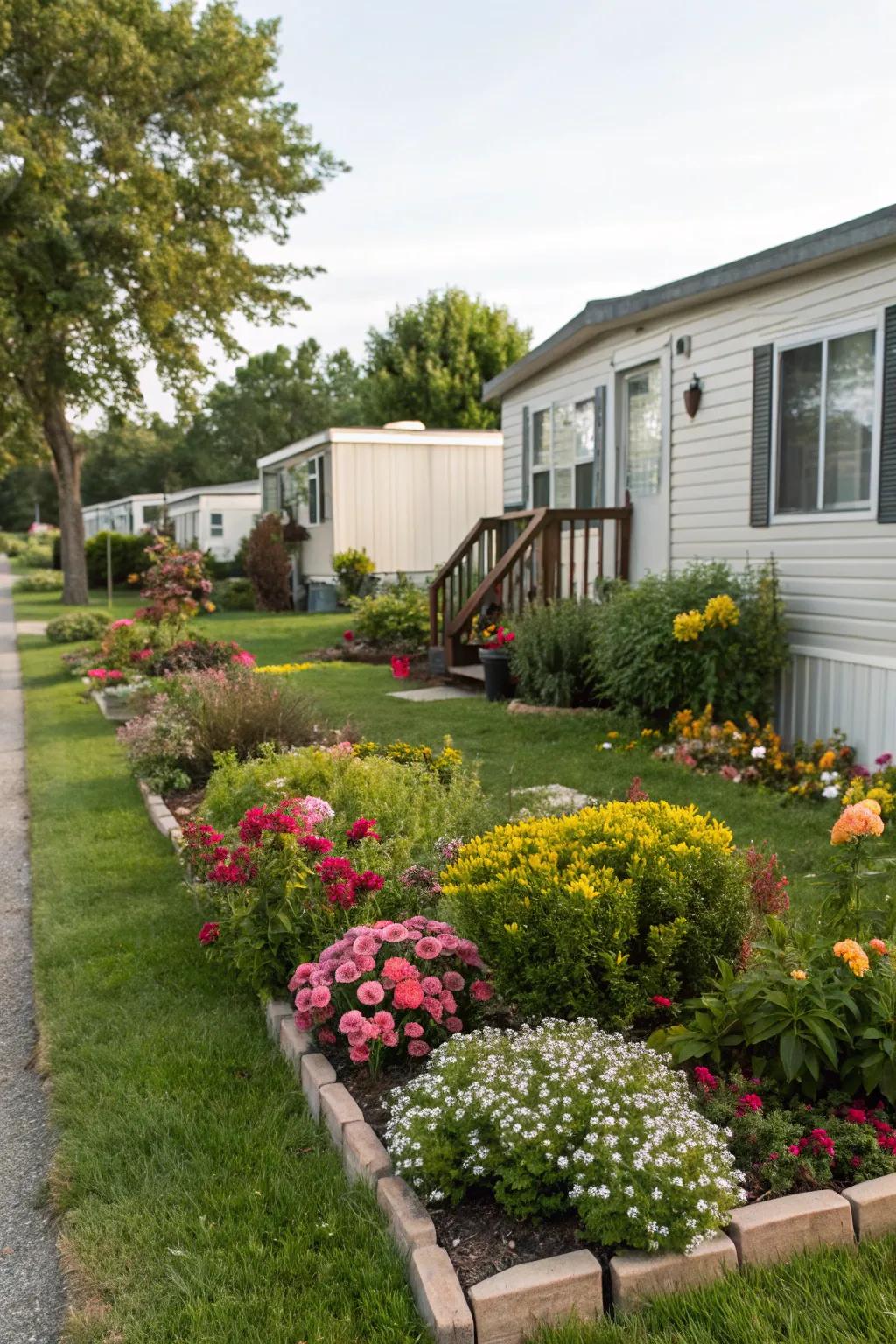 Vibrant garden beds full of life in a mobile home front yard.