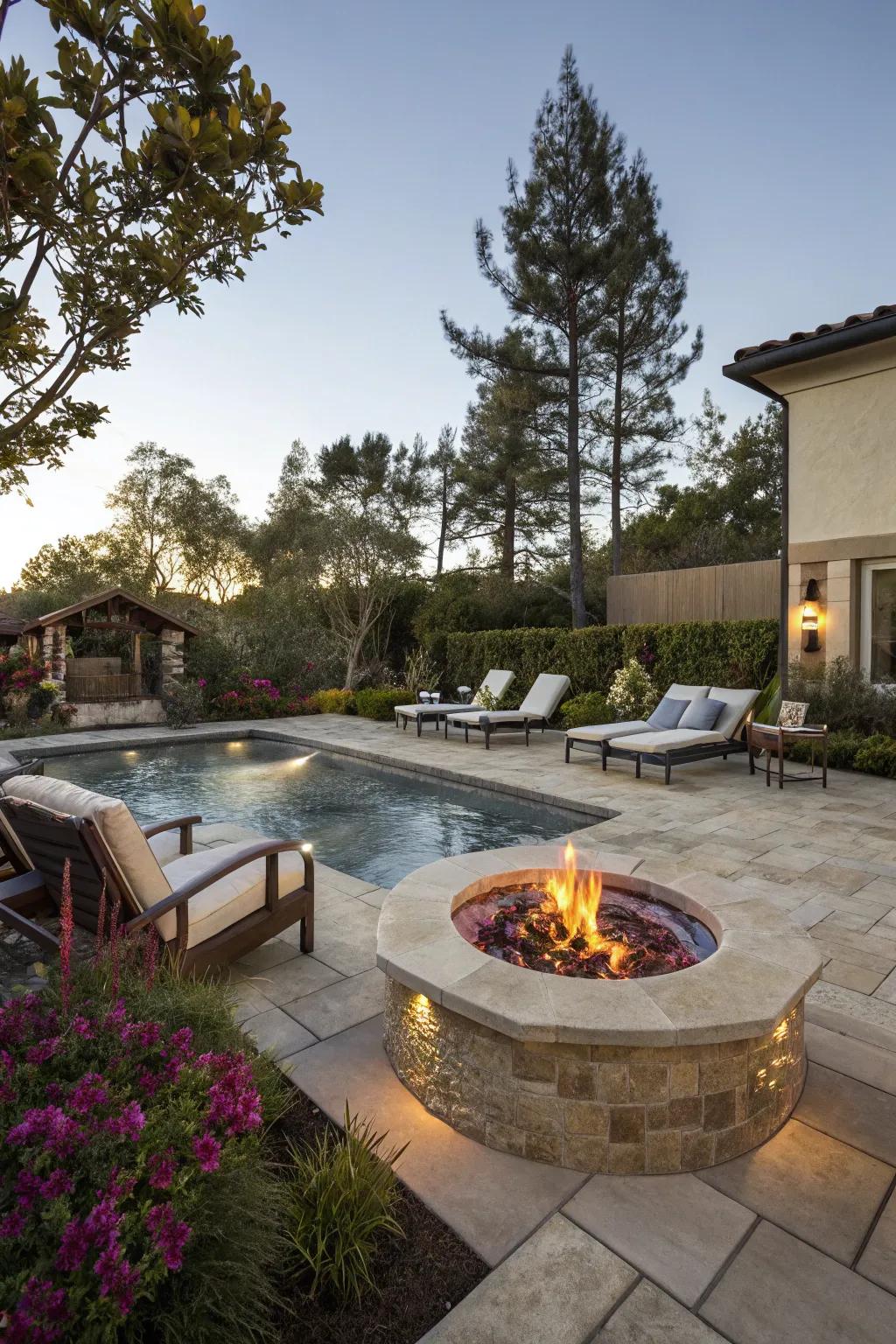 Indulge in luxury with a jacuzzi and fire pit by the pool.