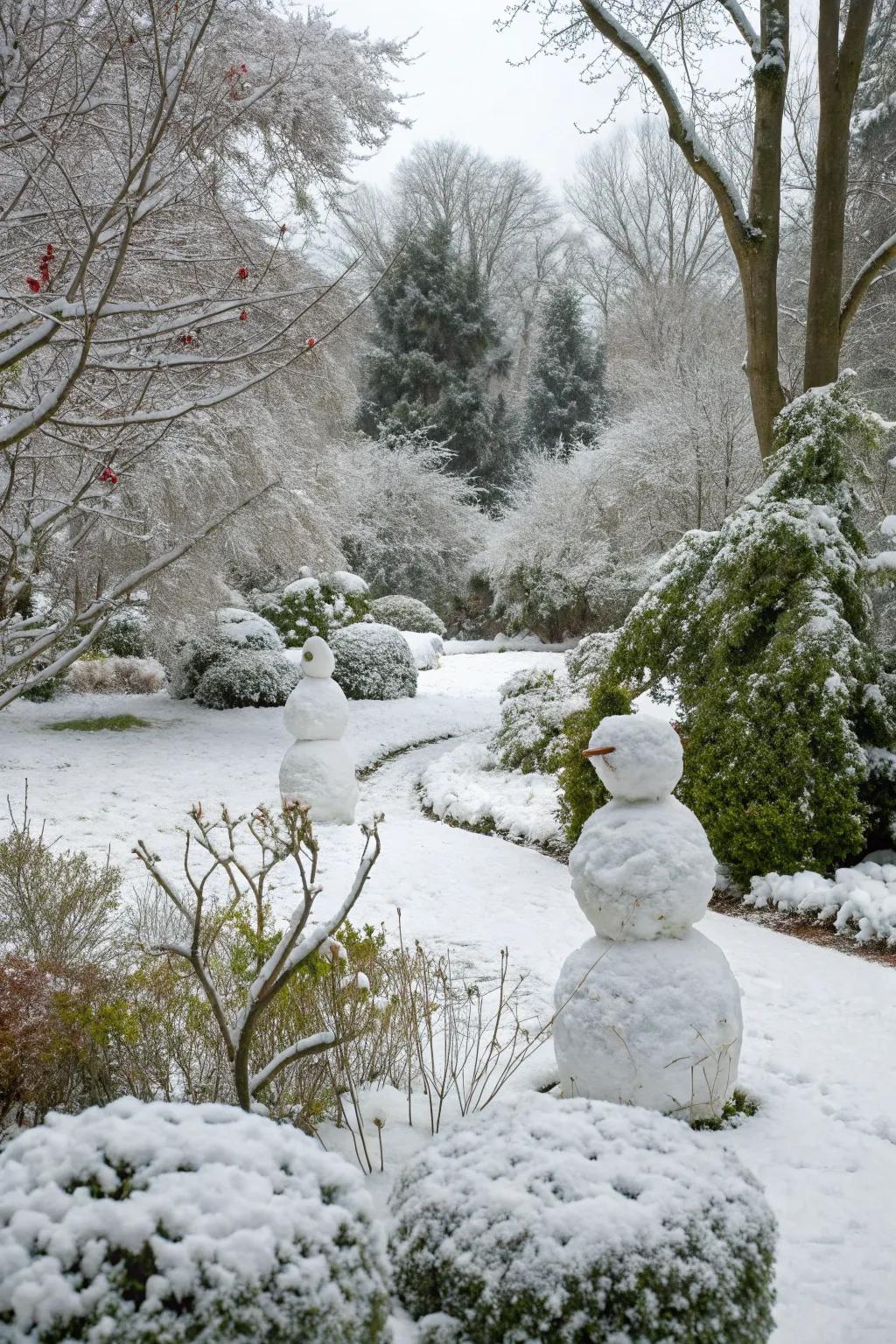 Add a playful touch with charming snowman garden statues.