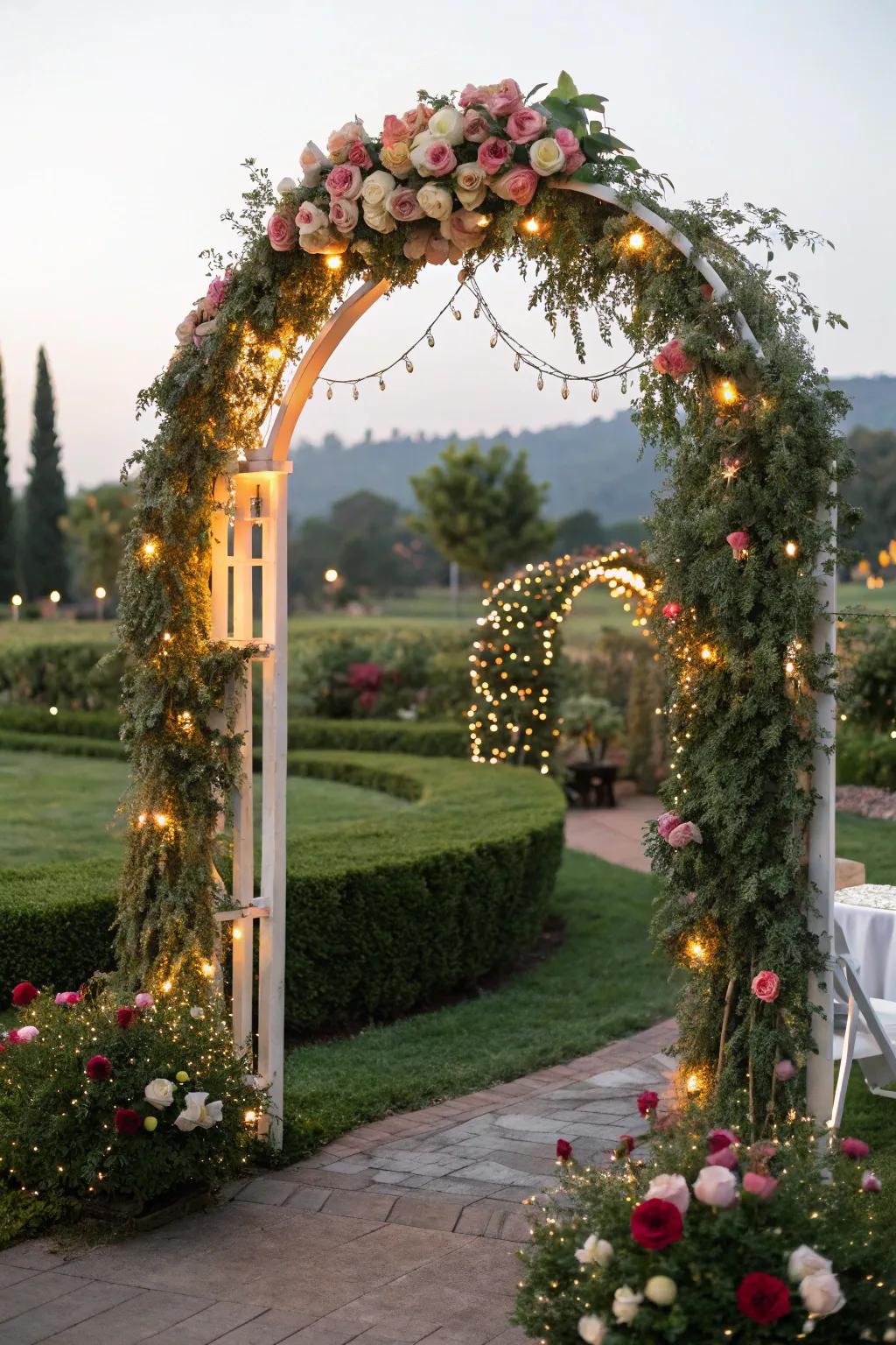 Create a magical entrance with festively adorned garden arches.