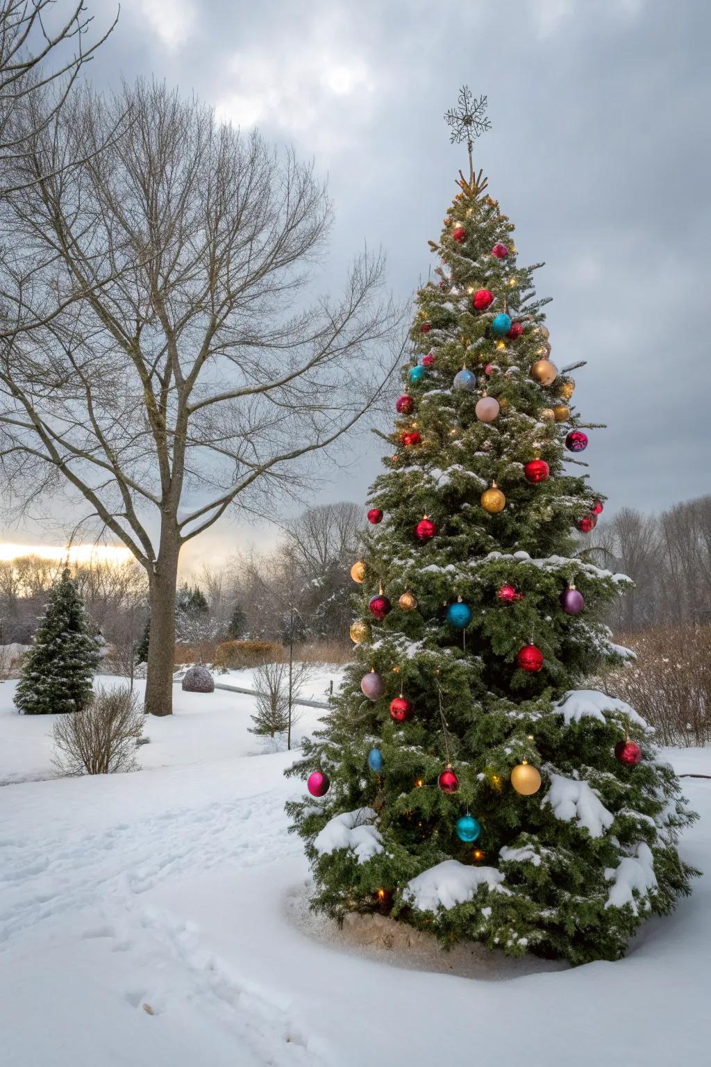 Enjoy a festive view with an outdoor Christmas tree.