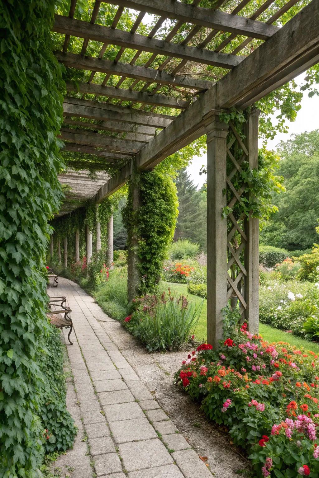 Enhance your pergola with lush trellis walls.