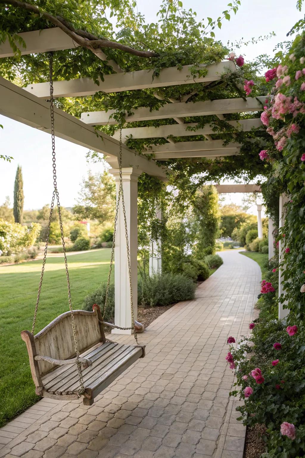 Add a playful swing for relaxation under your pergola.
