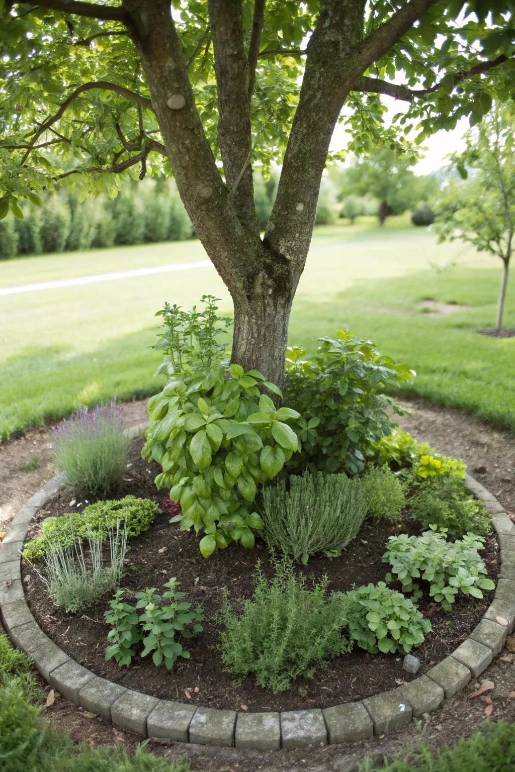 Herbs around trees add fragrance and functionality.
