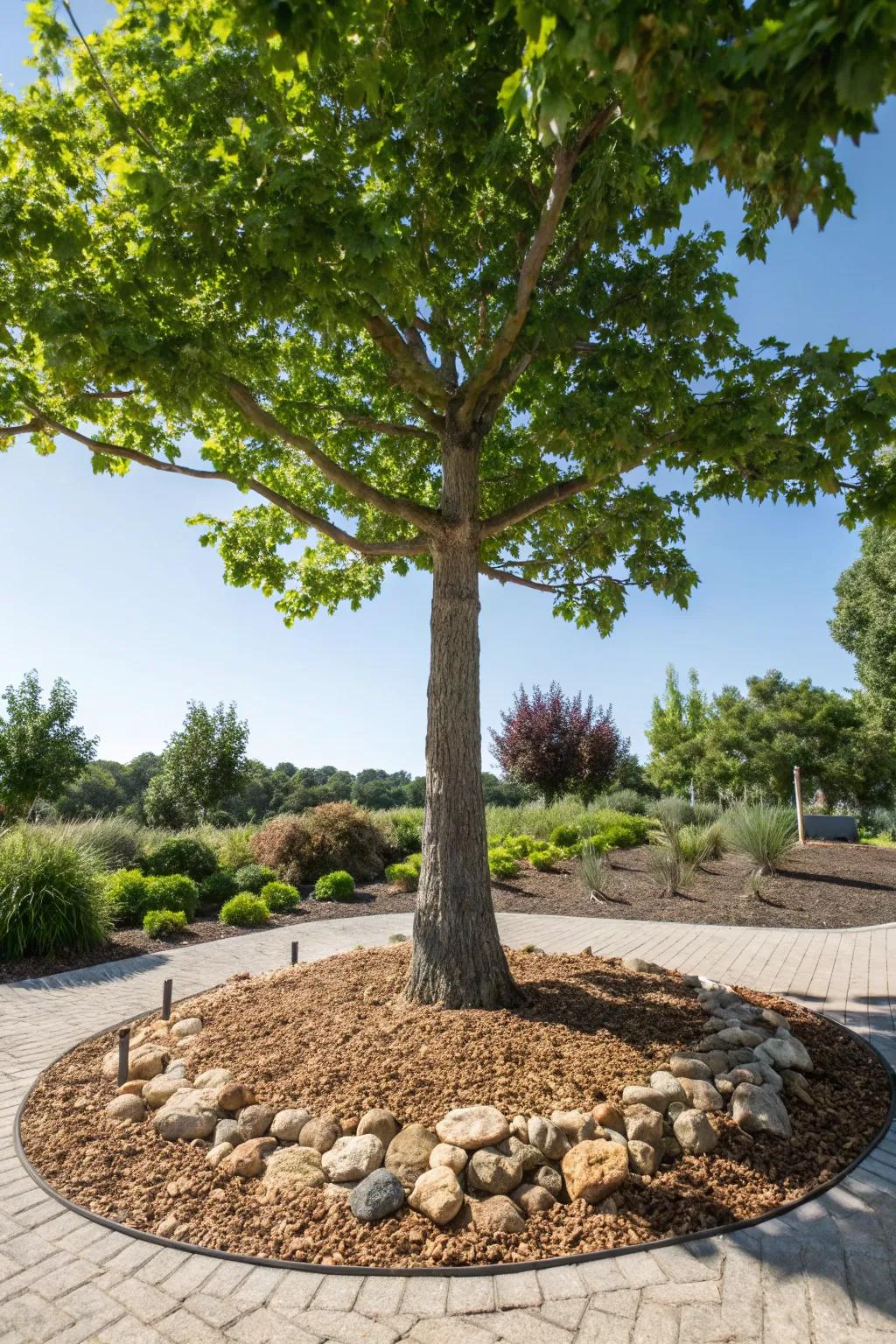 Mulch and pebbles create a practical and attractive tree base.