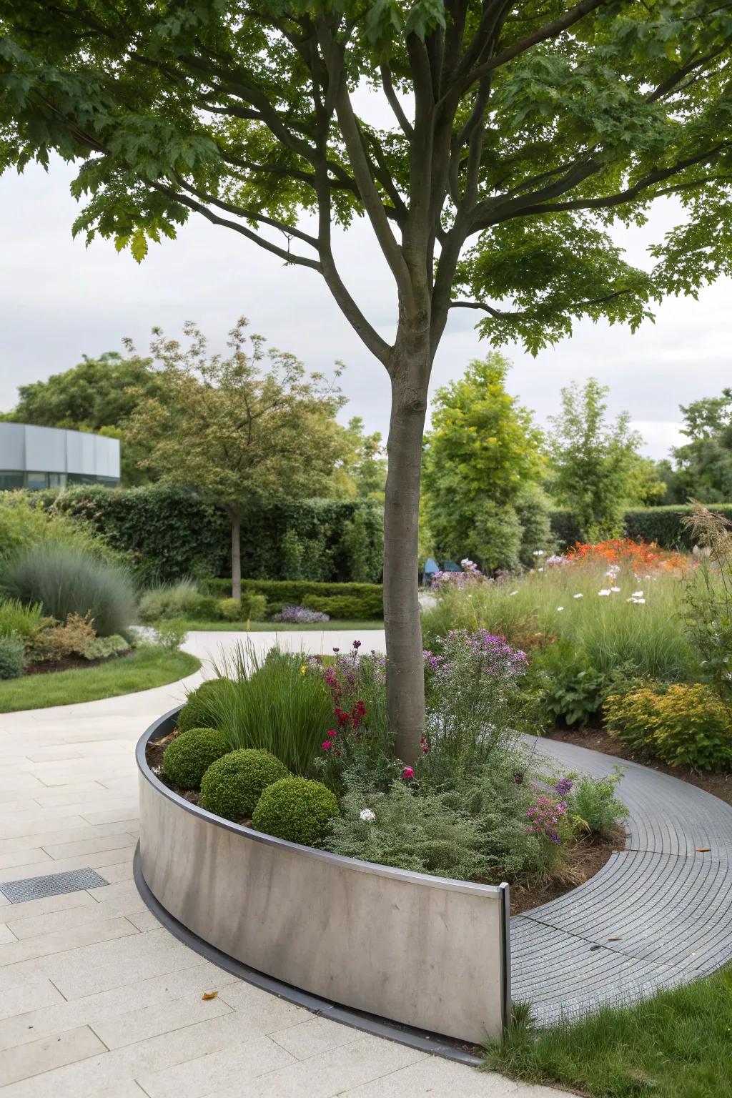 Contemporary metal edging adds a modern flair to tree bases.