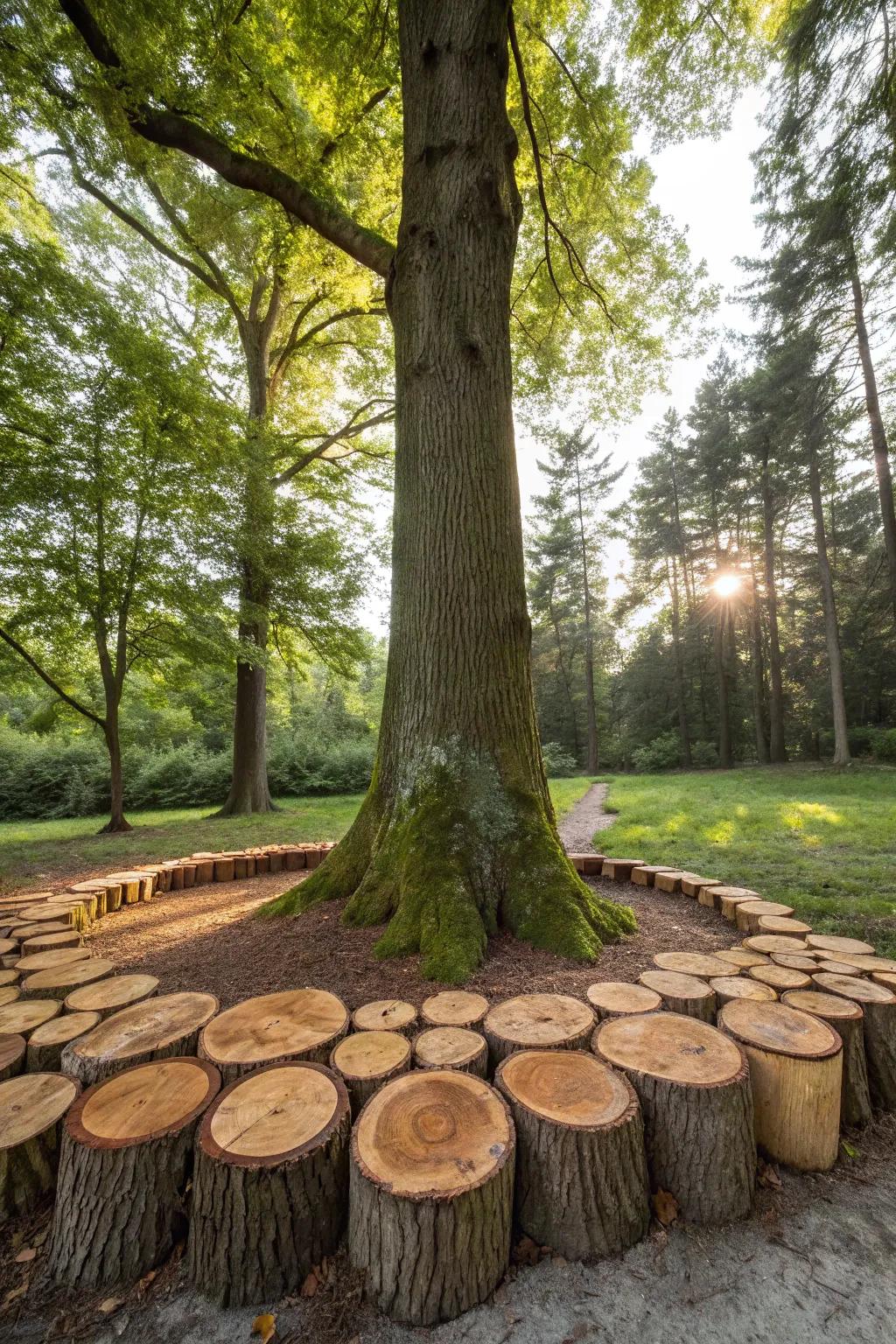 Log slices give a rustic and natural feel to tree surroundings.
