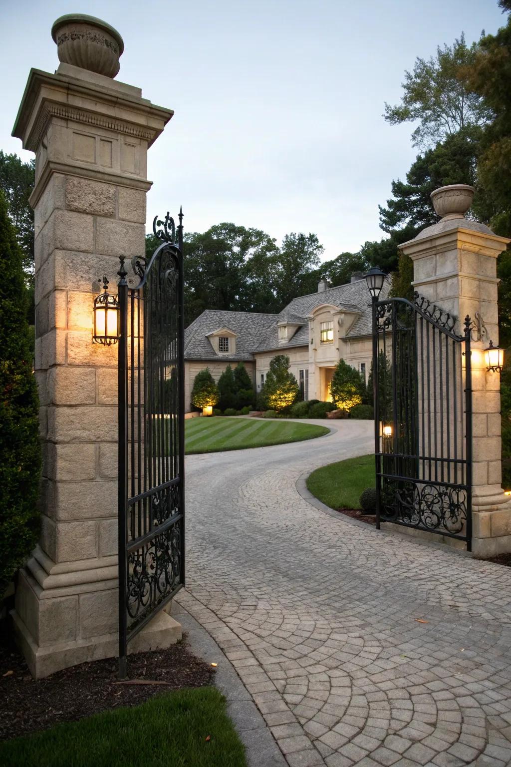 Elegant stone pillars paired with iron gates offer both security and timeless charm.