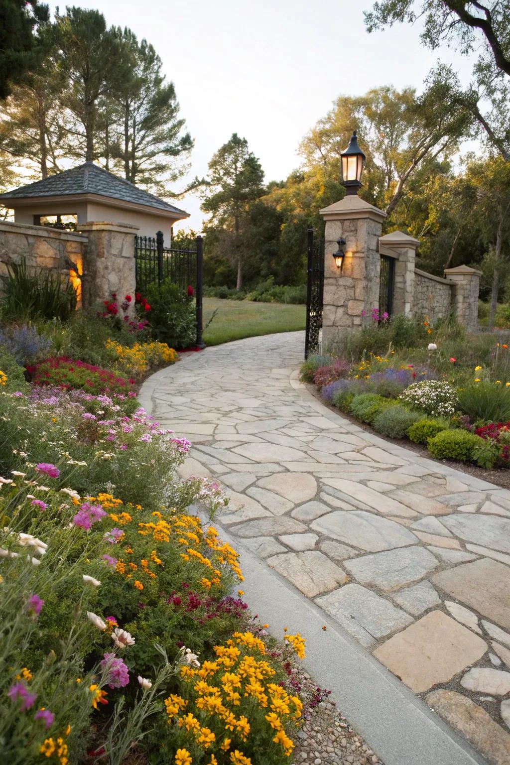 A stone path bordered by wildflowers offers a colorful and natural driveway entrance.