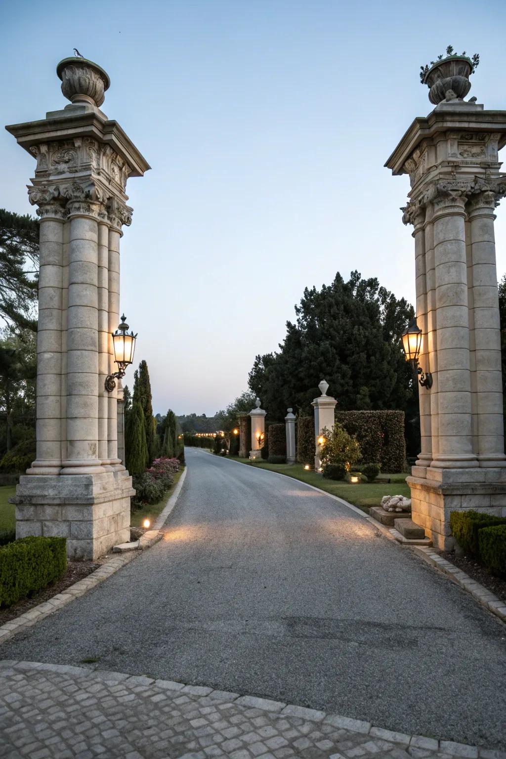 Majestic stone pillars with subtle lighting create a grand entrance to the driveway.