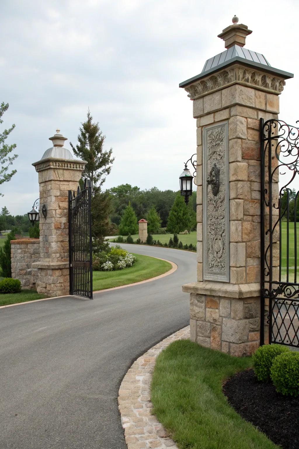 Stone pillars with metal accents create a striking and modern driveway entrance.