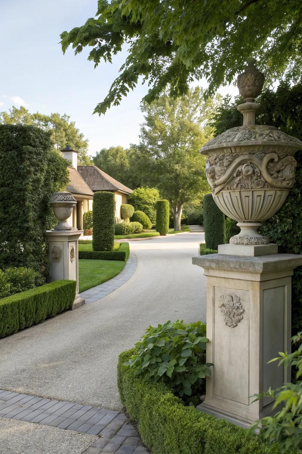 Sculptural stone art at the driveway entrance serves as a stunning focal point.