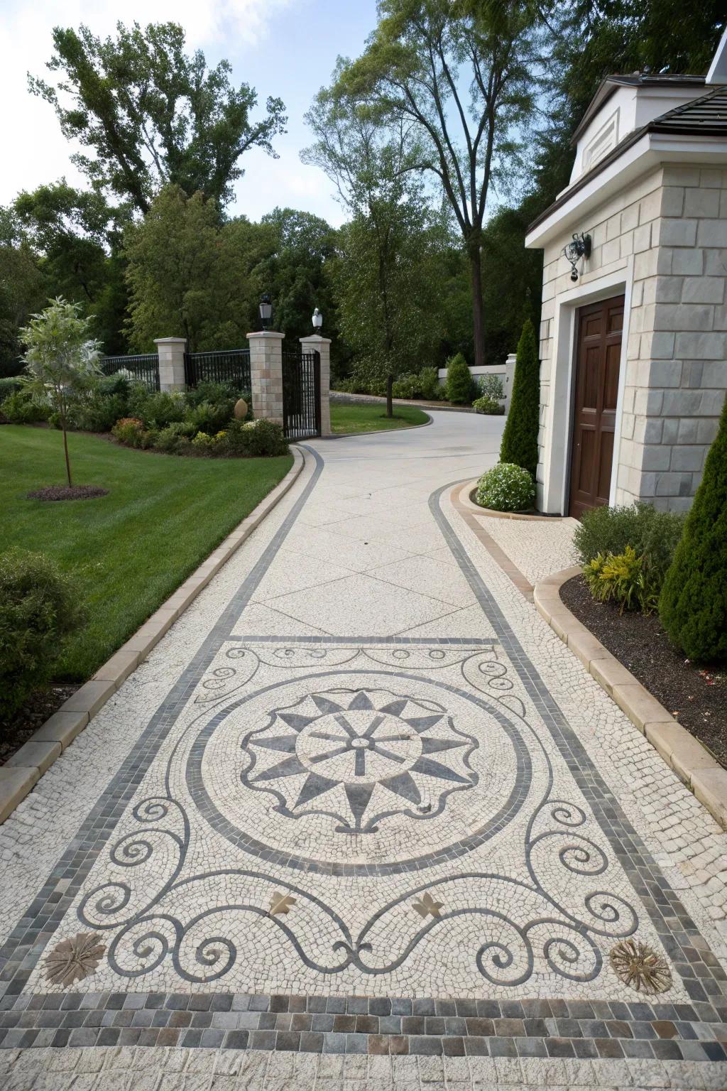 A charming stone mosaic design at the driveway entrance adds a unique and artistic touch.