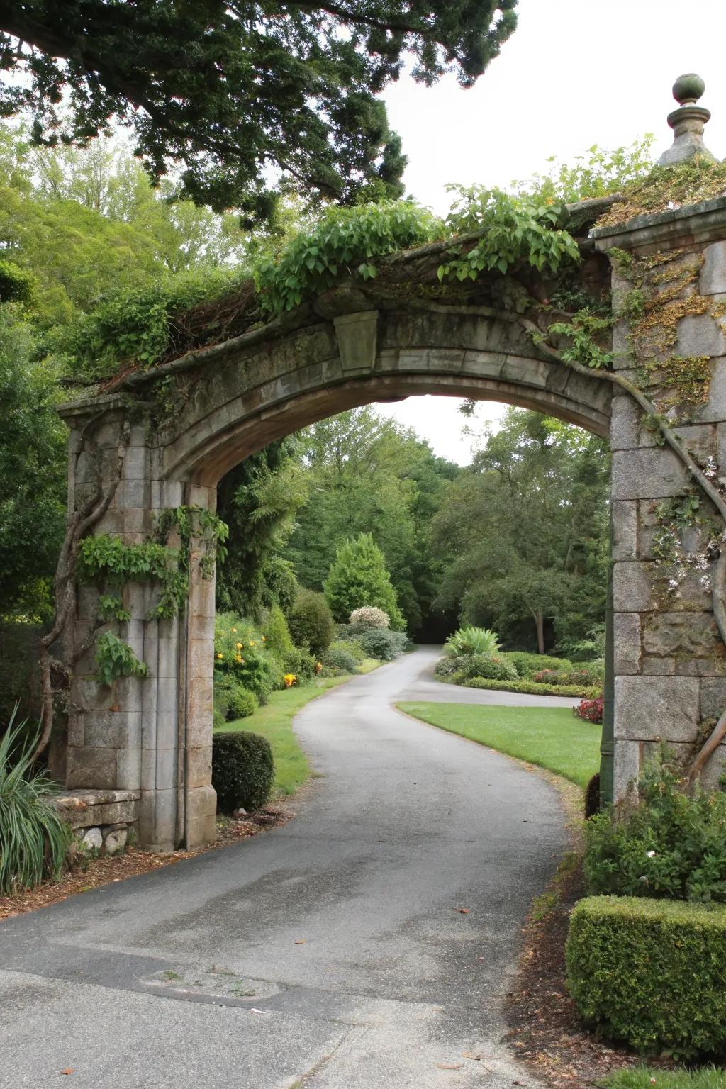 A stone archway adds a dramatic touch to the driveway entrance, surrounded by lush greenery.