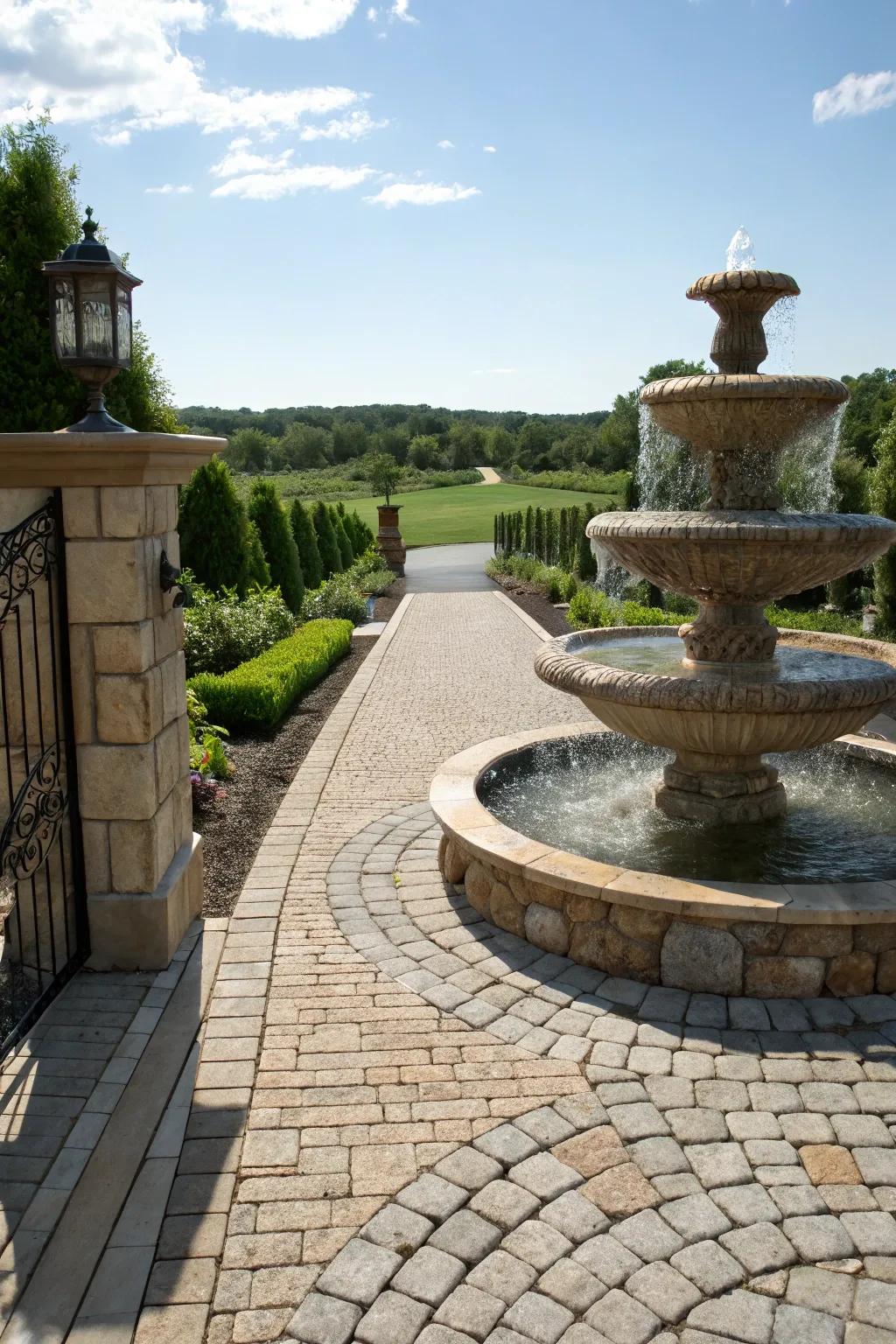 A driveway entrance with stone elements and a water feature creates a serene and soothing atmosphere.