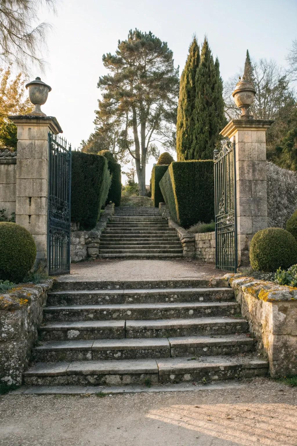 A grand stone staircase adds a majestic touch to the driveway entrance.
