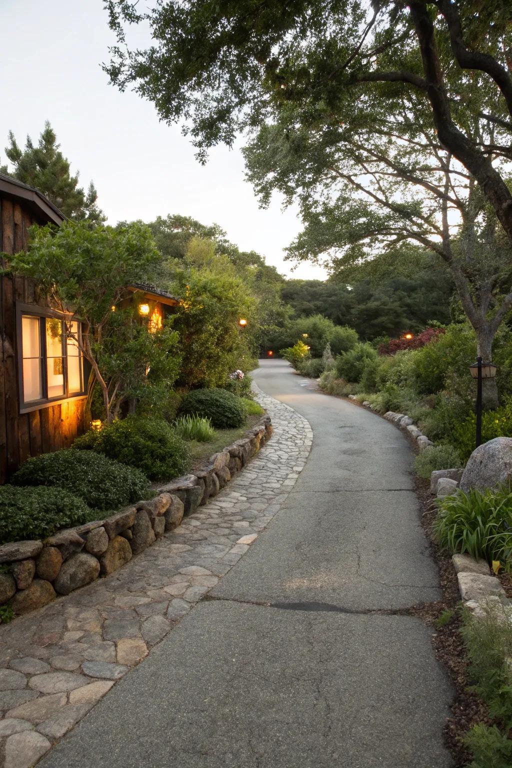 Natural stone borders elegantly frame the driveway, blending seamlessly with the greenery.