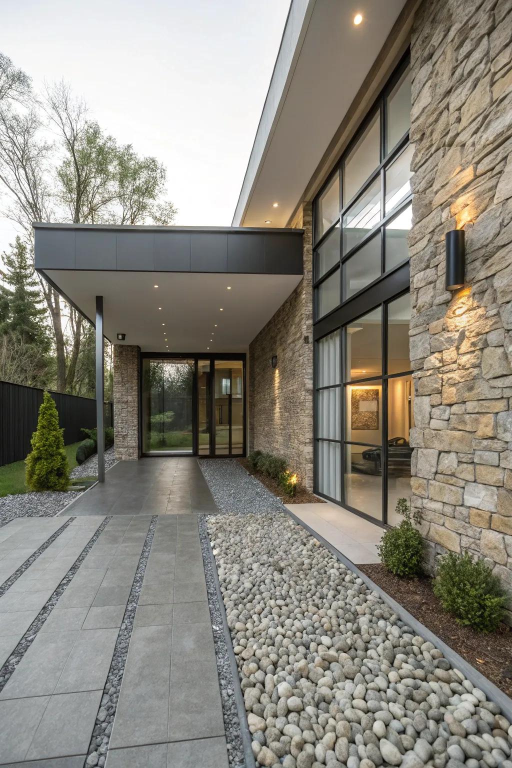 A modern driveway entrance featuring a unique combination of stone and glass elements.