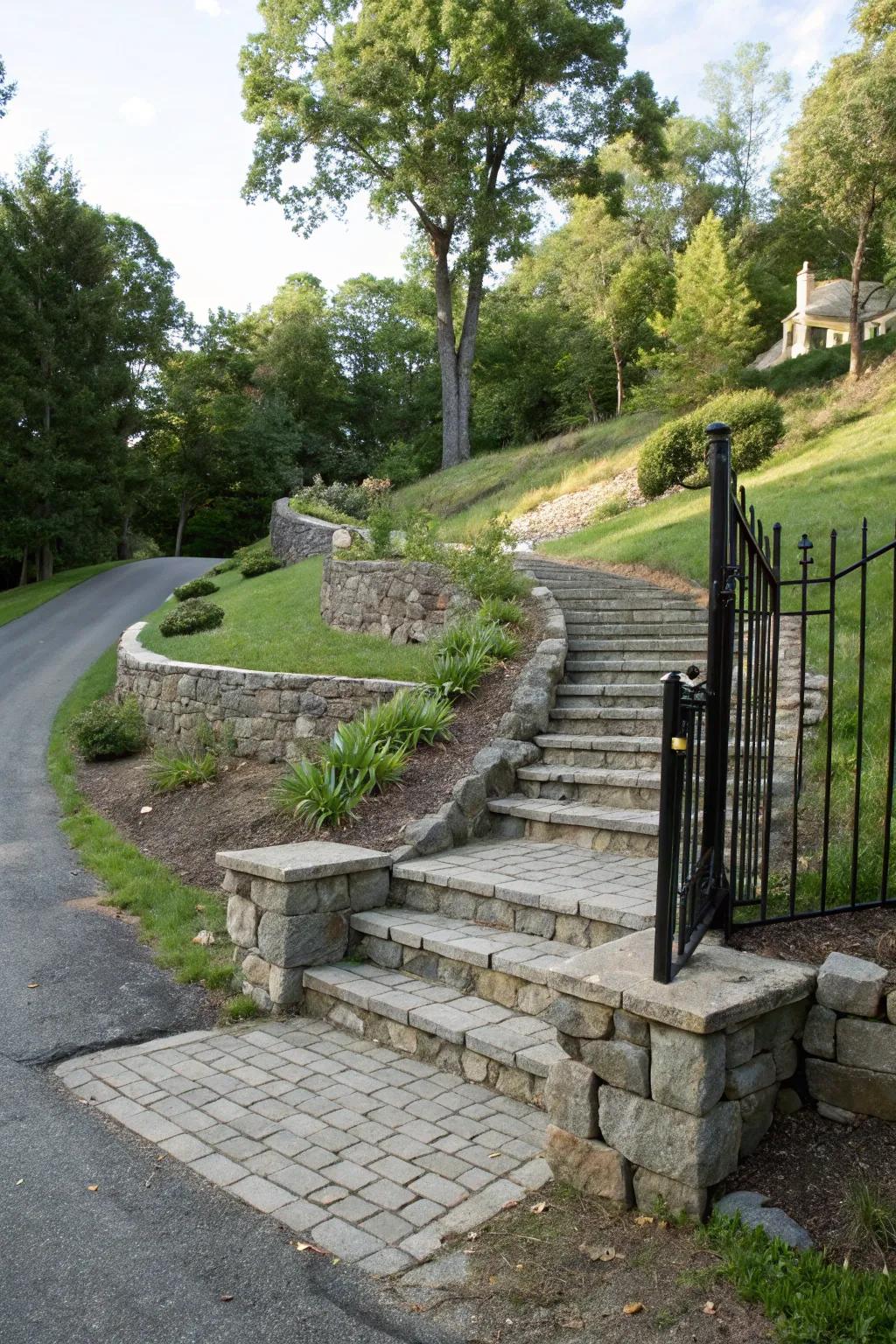 Cascade stone steps on a sloped entrance add beauty and functionality.