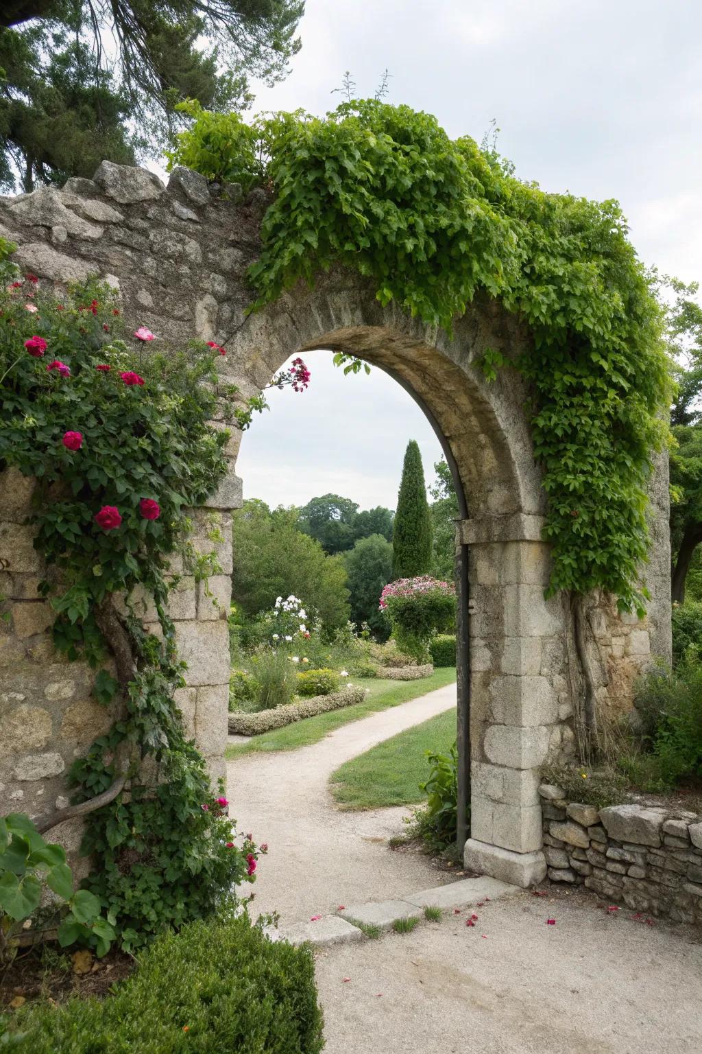 A stone archway with lush greenery offers a harmonious blend of nature and architecture.