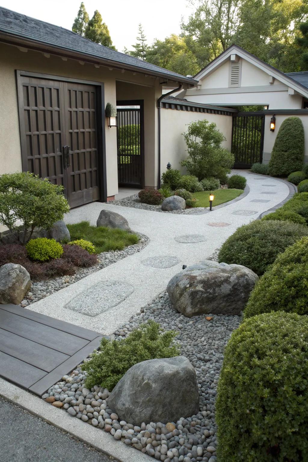 A Zen garden-inspired entrance with stones brings calm and balance to the driveway.
