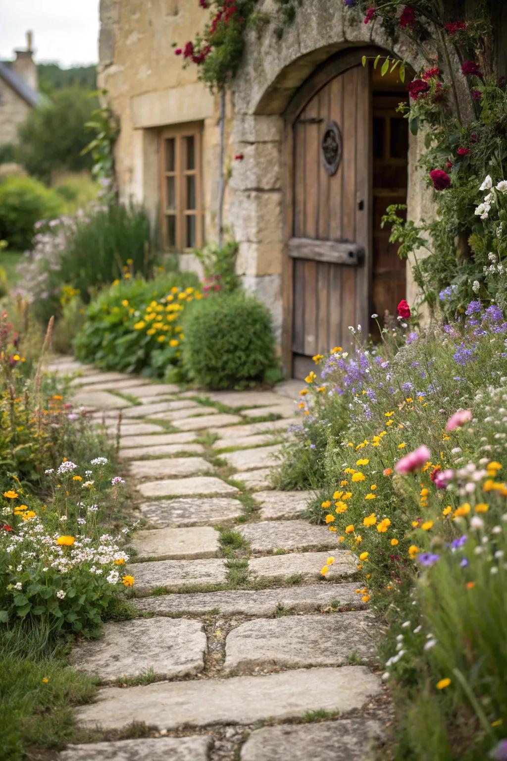 A rustic stone pathway meanders towards a charming entrance, surrounded by vibrant wildflowers.