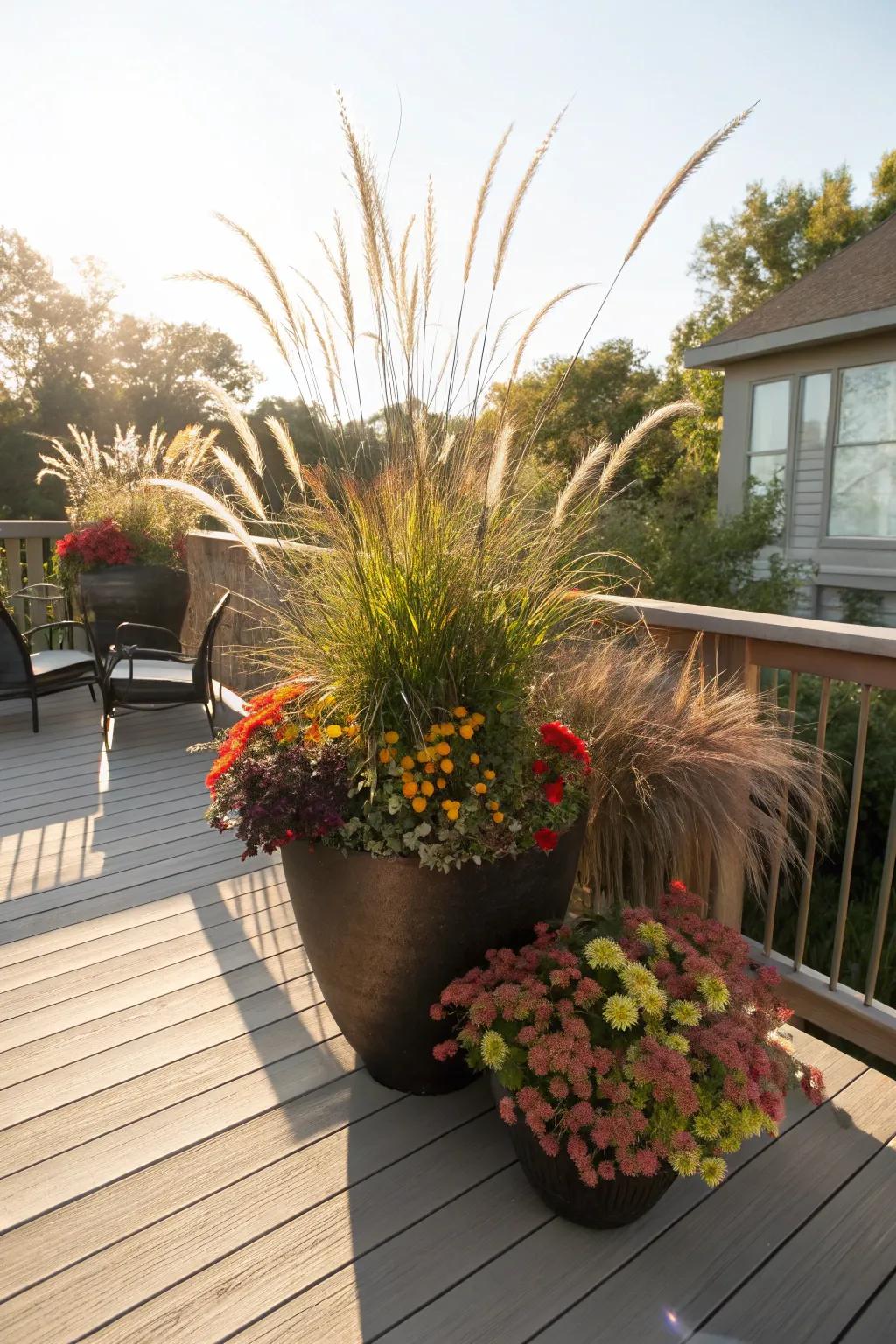 Tall grasses and cascading blooms create a stunning visual impact in a large container.