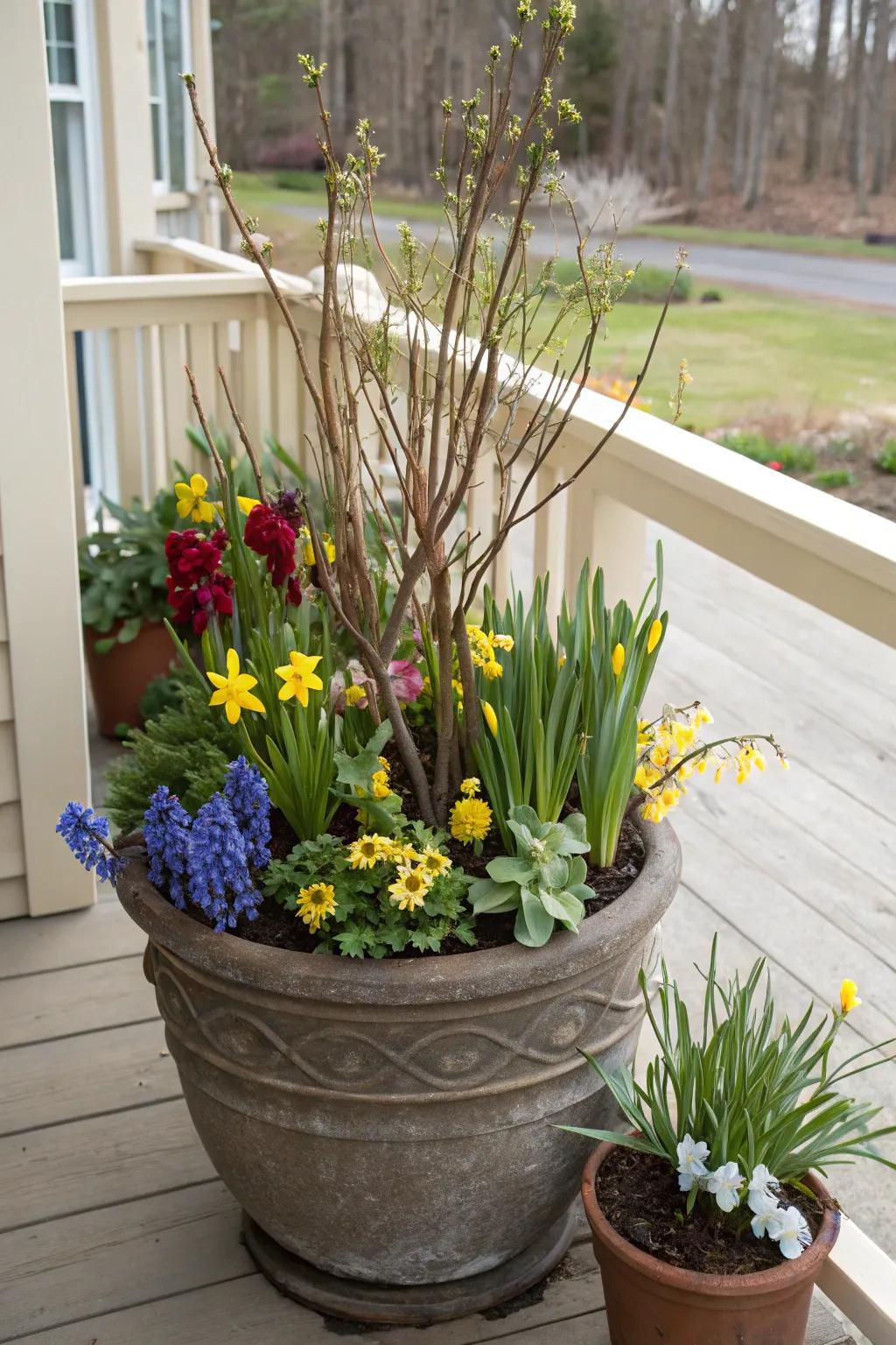 A dynamic seasonal rotation in a large garden container.
