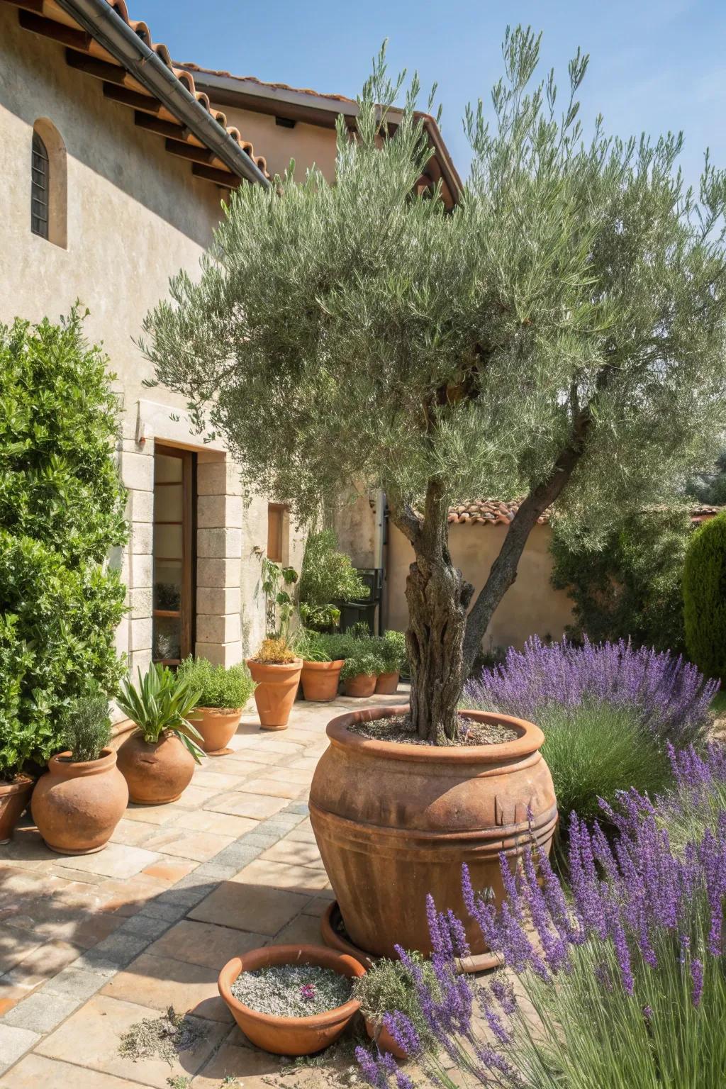 Mediterranean vibes with an olive tree in a large container.