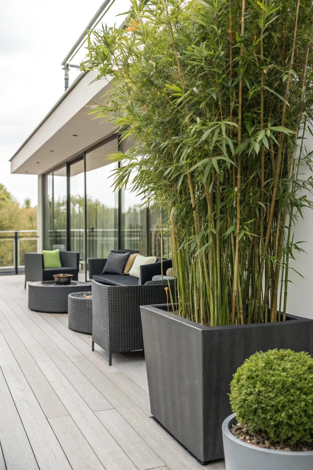 A natural privacy screen with bamboo in large containers.